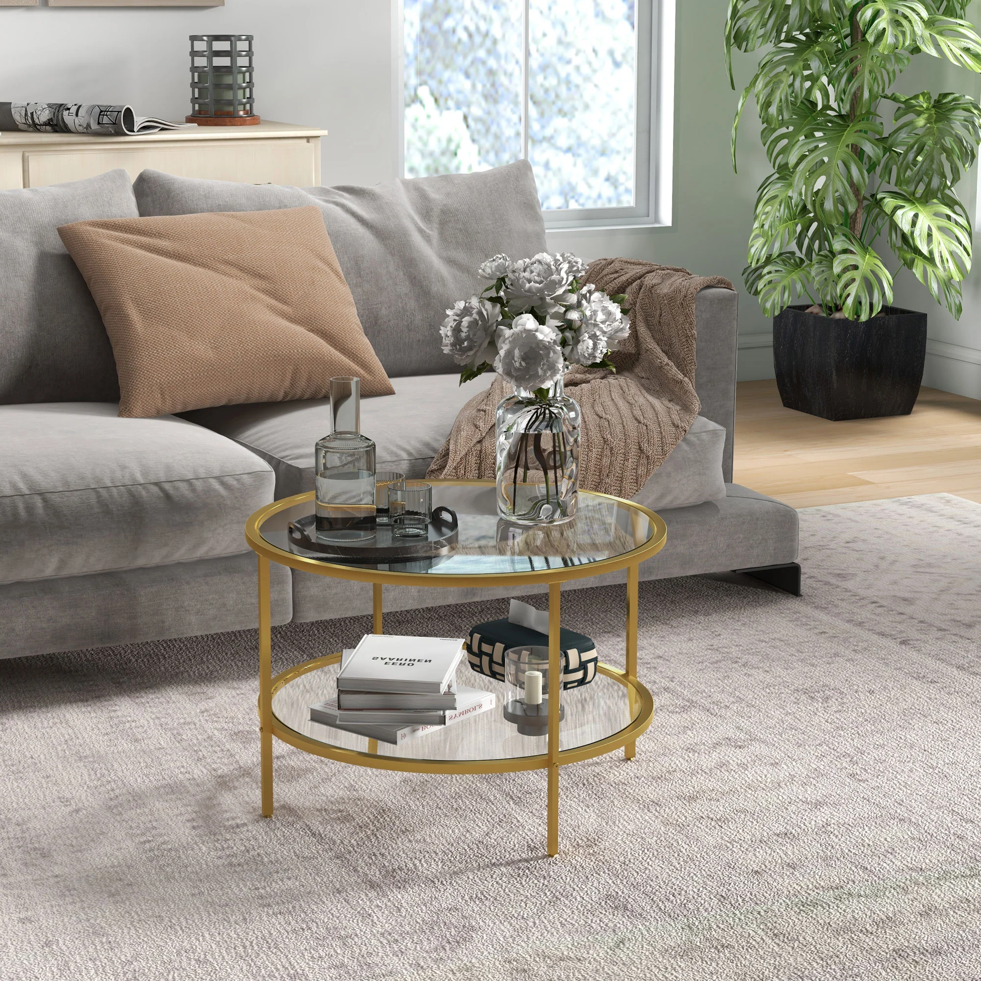 HOMCOM Round Coffee Table With Storage Shelf And Tempered Glass Top, Gold Tone - Image 2