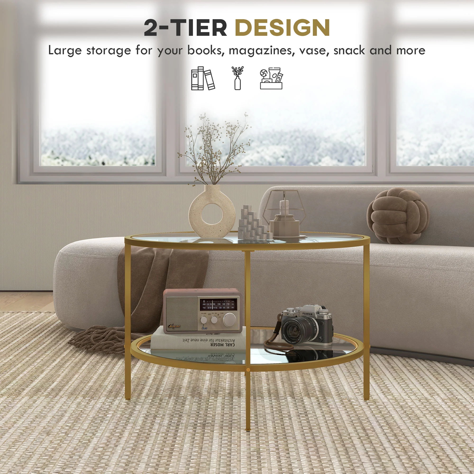 HOMCOM Round Coffee Table With Storage Shelf And Tempered Glass Top, Gold Tone - Image 3