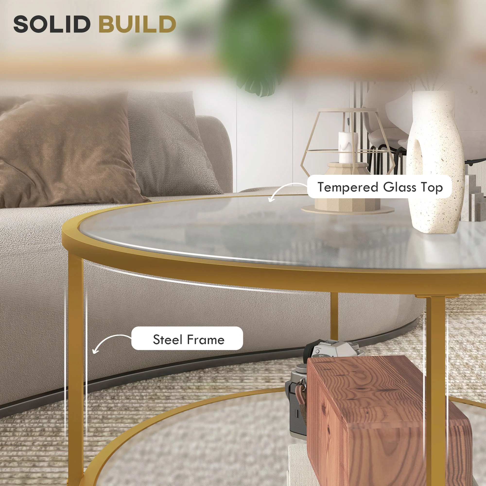 HOMCOM Round Coffee Table With Storage Shelf And Tempered Glass Top, Gold Tone - Image 4