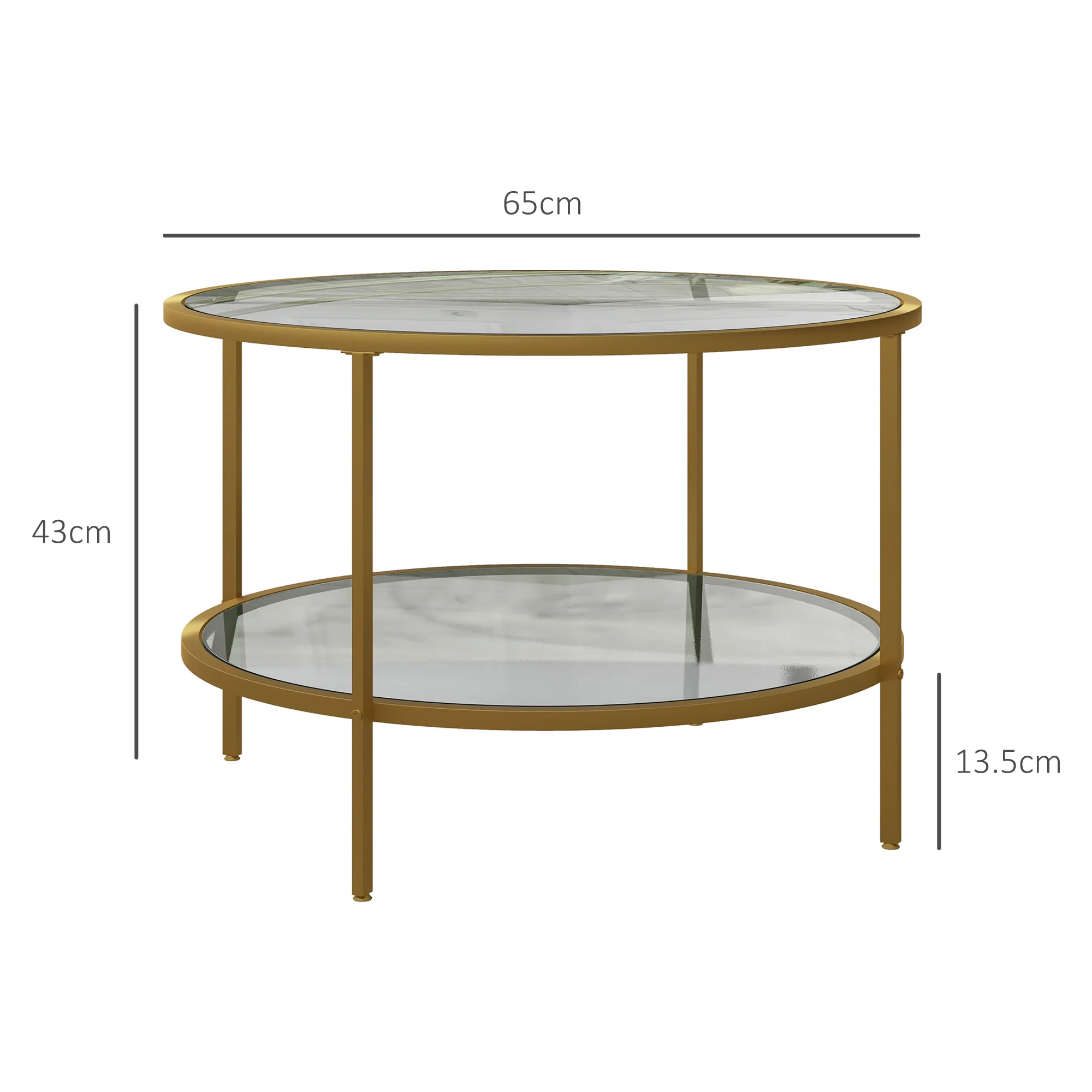 HOMCOM Round Coffee Table With Storage Shelf And Tempered Glass Top, Gold Tone - Image 5
