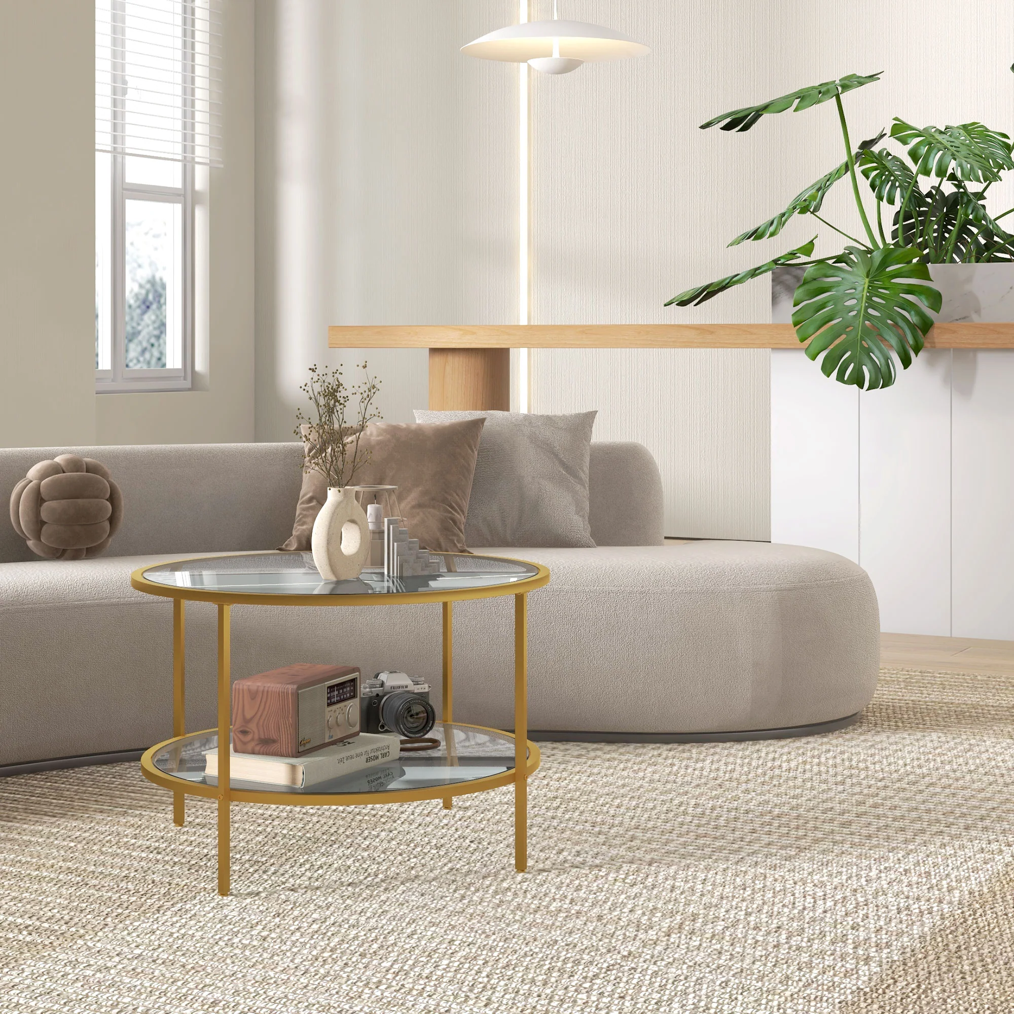 HOMCOM Round Coffee Table With Storage Shelf And Tempered Glass Top, Gold Tone - Image 7