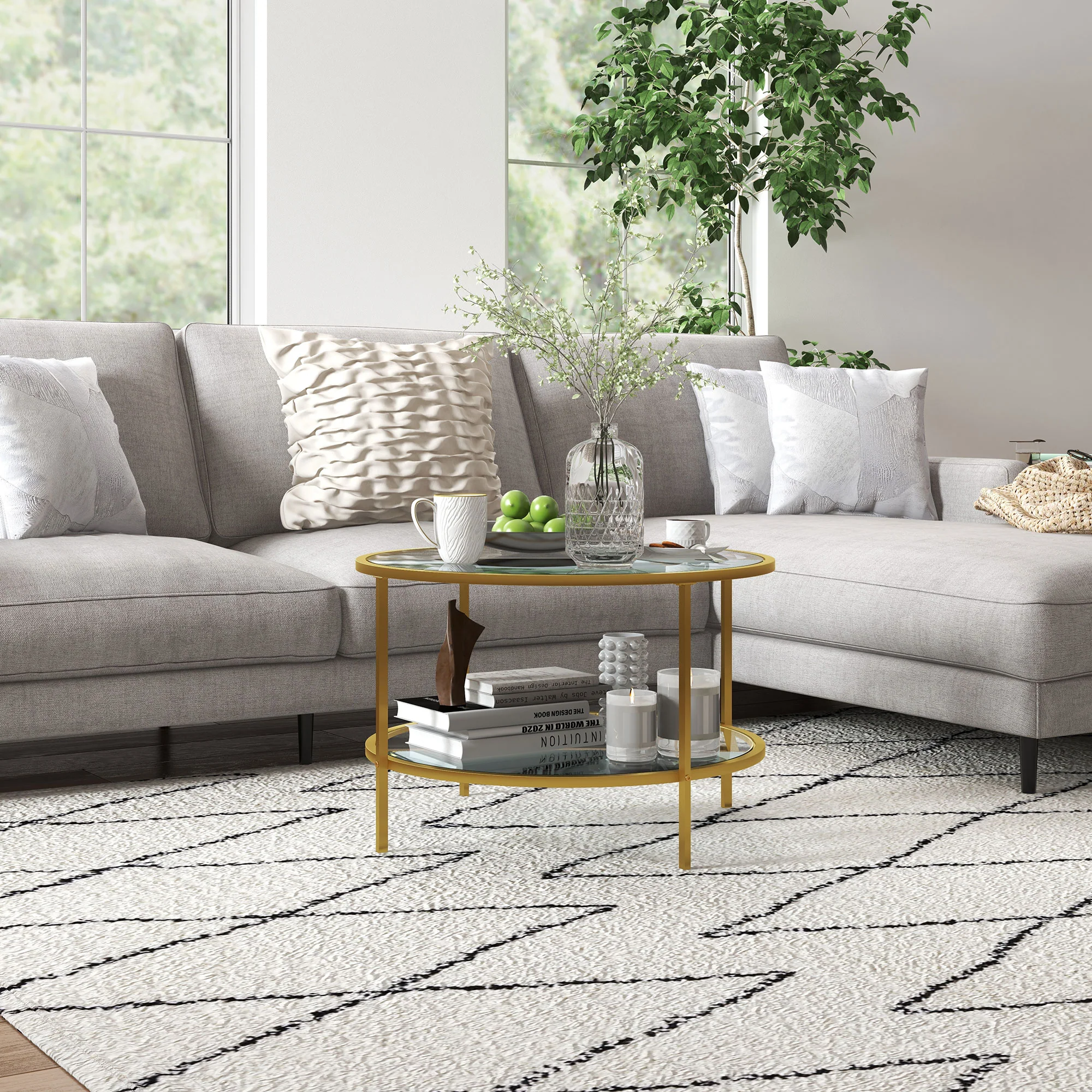 HOMCOM Round Coffee Table With Storage Shelf And Tempered Glass Top, Gold Tone - Image 8