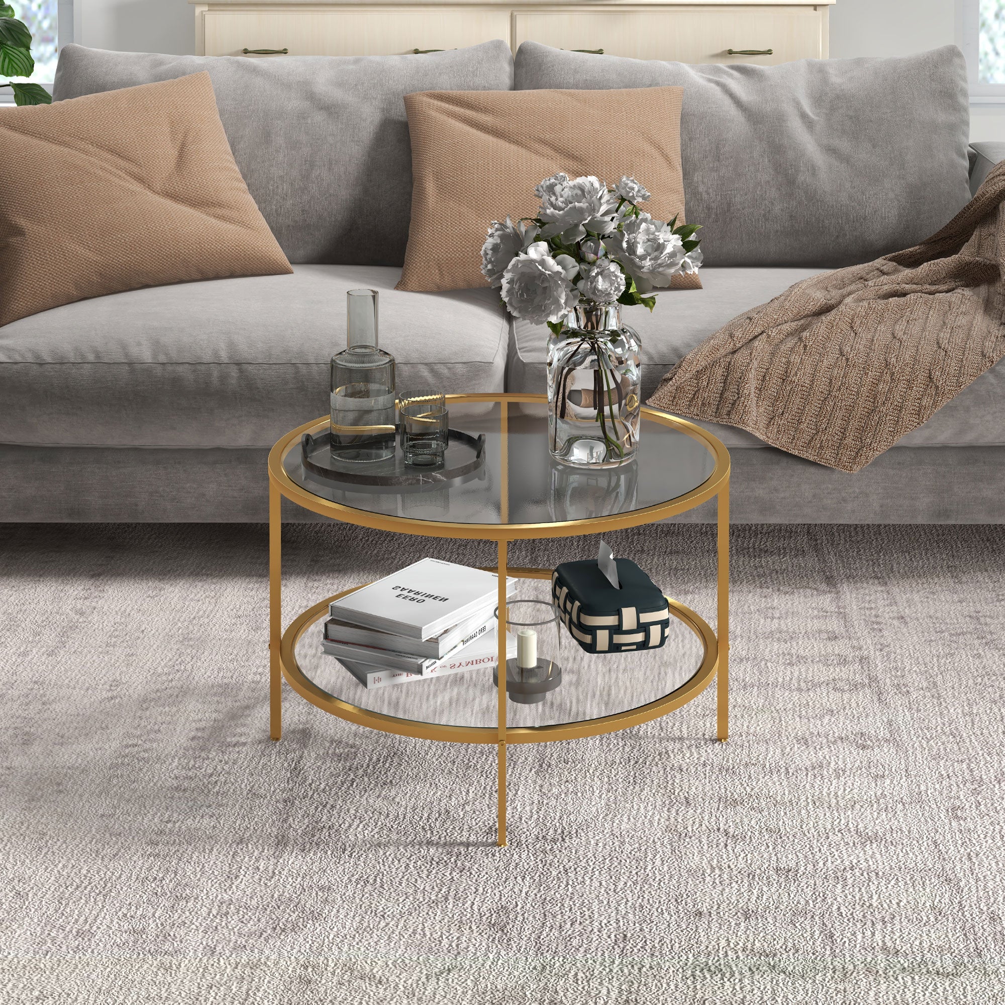 HOMCOM Round Coffee Table With Storage Shelf And Tempered Glass Top, Gold Tone - Image 9