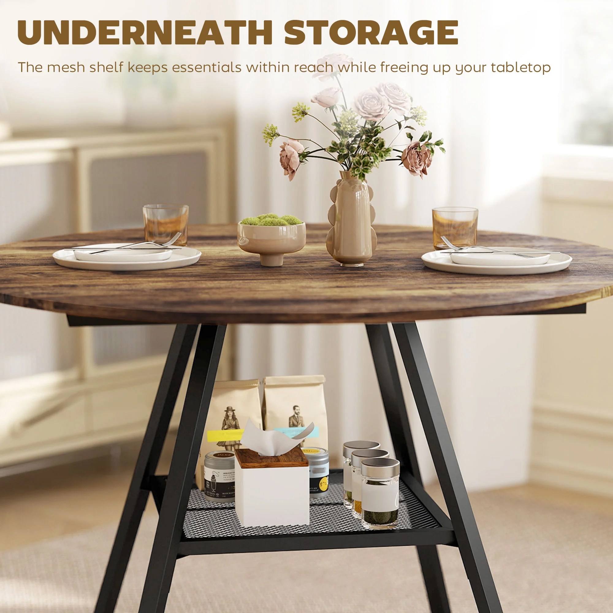 HOMCOM Round Dining Table For 4, 100 Cm Kitchen Table W/ Shelf, Rustic Brown - Image 4