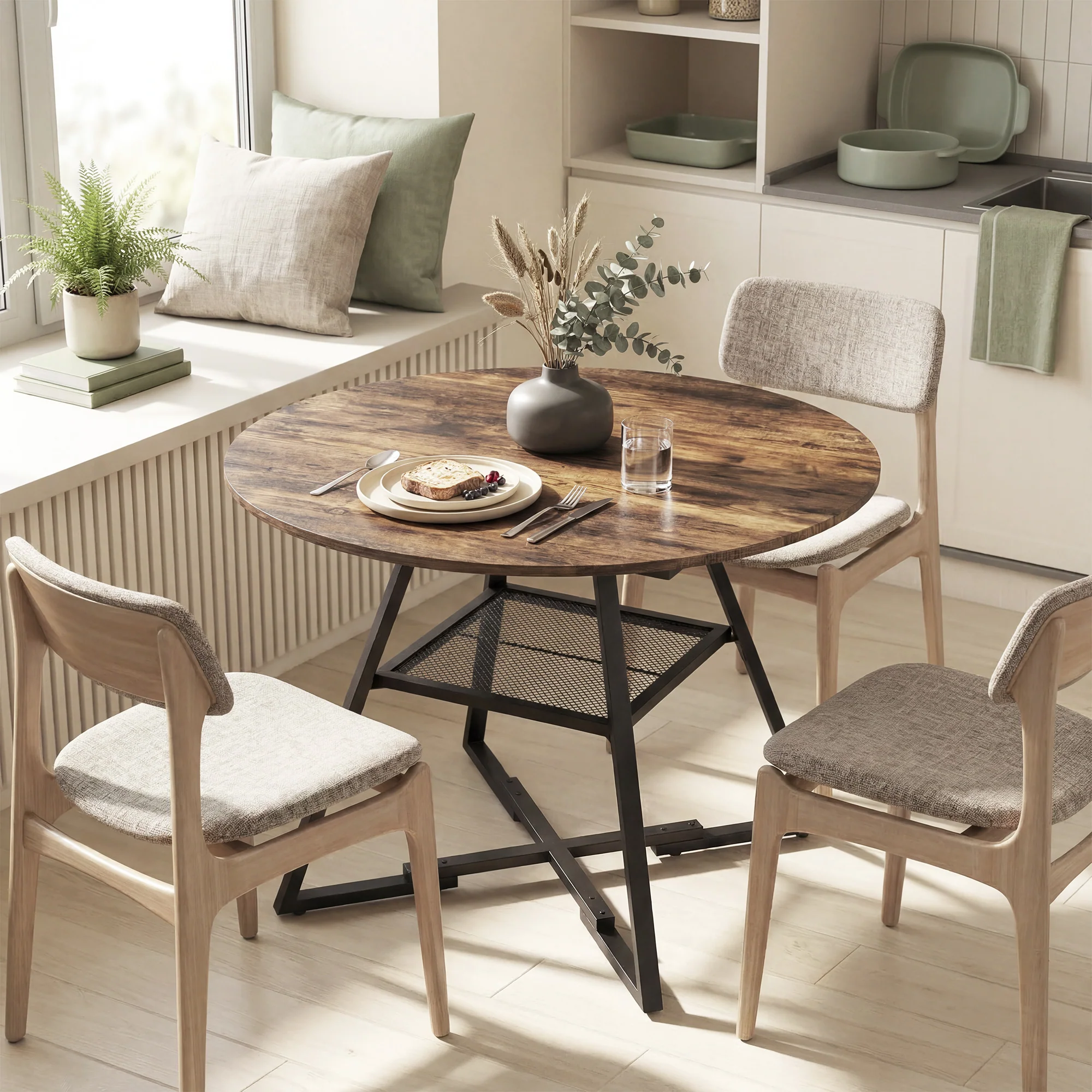 HOMCOM Round Dining Table For 4, 100 Cm Kitchen Table W/ Shelf, Rustic Brown - Image 9