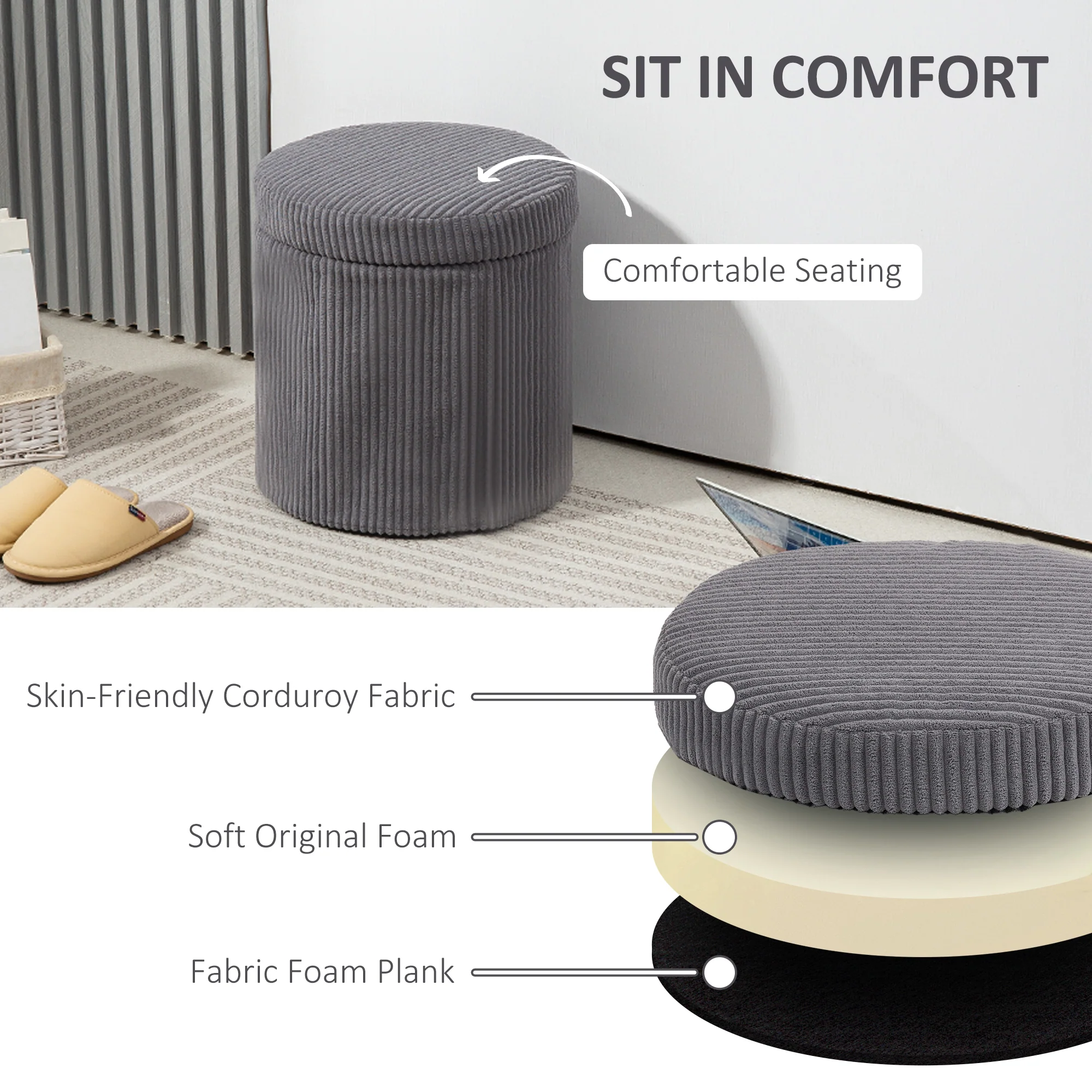 HOMCOM Round Storage Ottoman with Lid, Vanity Stool with Storage - Image 13