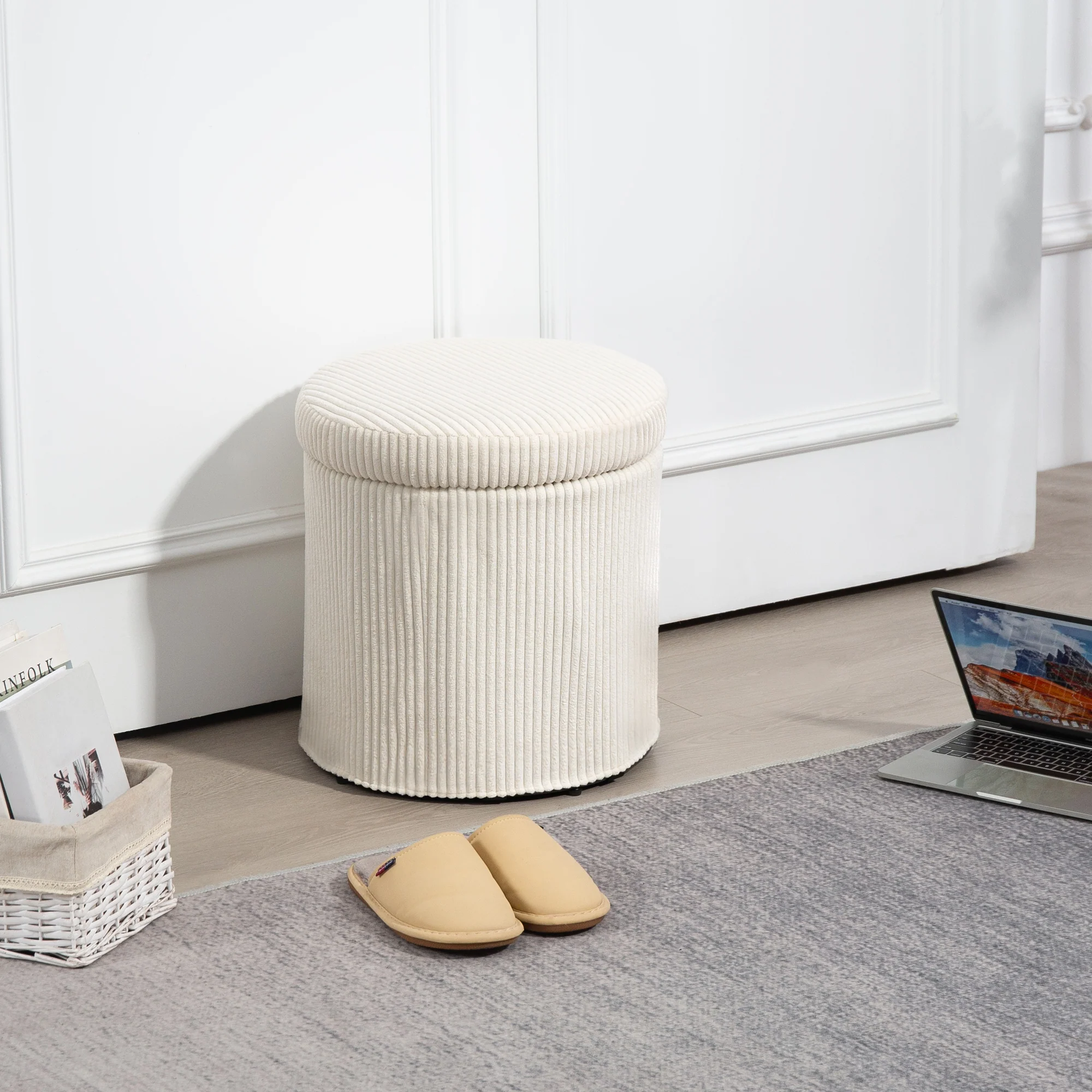 HOMCOM Round Storage Ottoman with Lid, Vanity Stool with Storage - Image 2