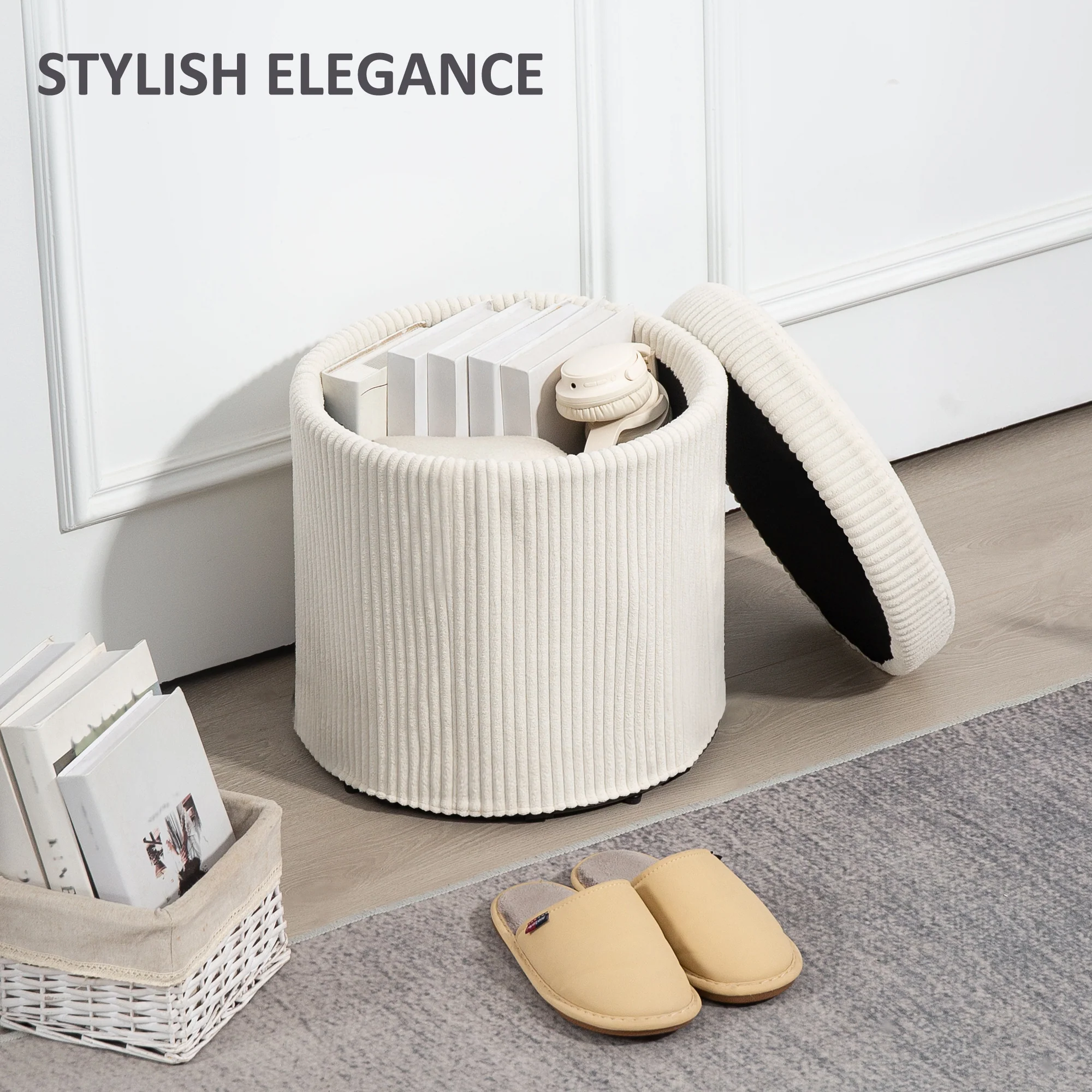 HOMCOM Round Storage Ottoman with Lid, Vanity Stool with Storage - Image 3