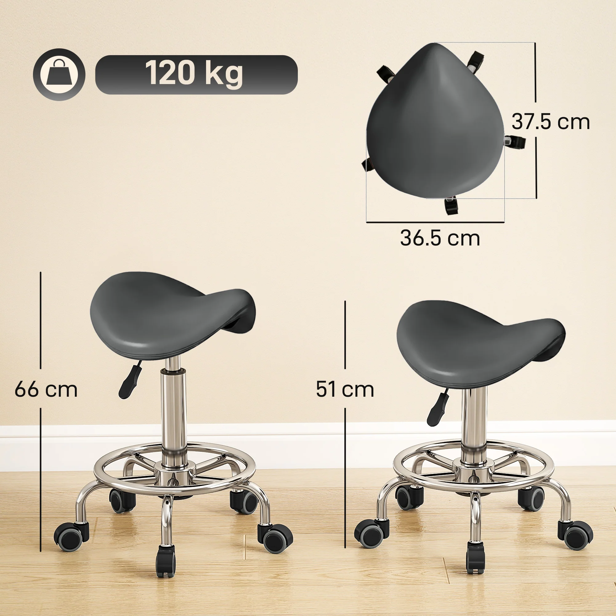 HOMCOM Saddle Chair, Rolling Salon Stool for Massage Spa, Grey - Image 5