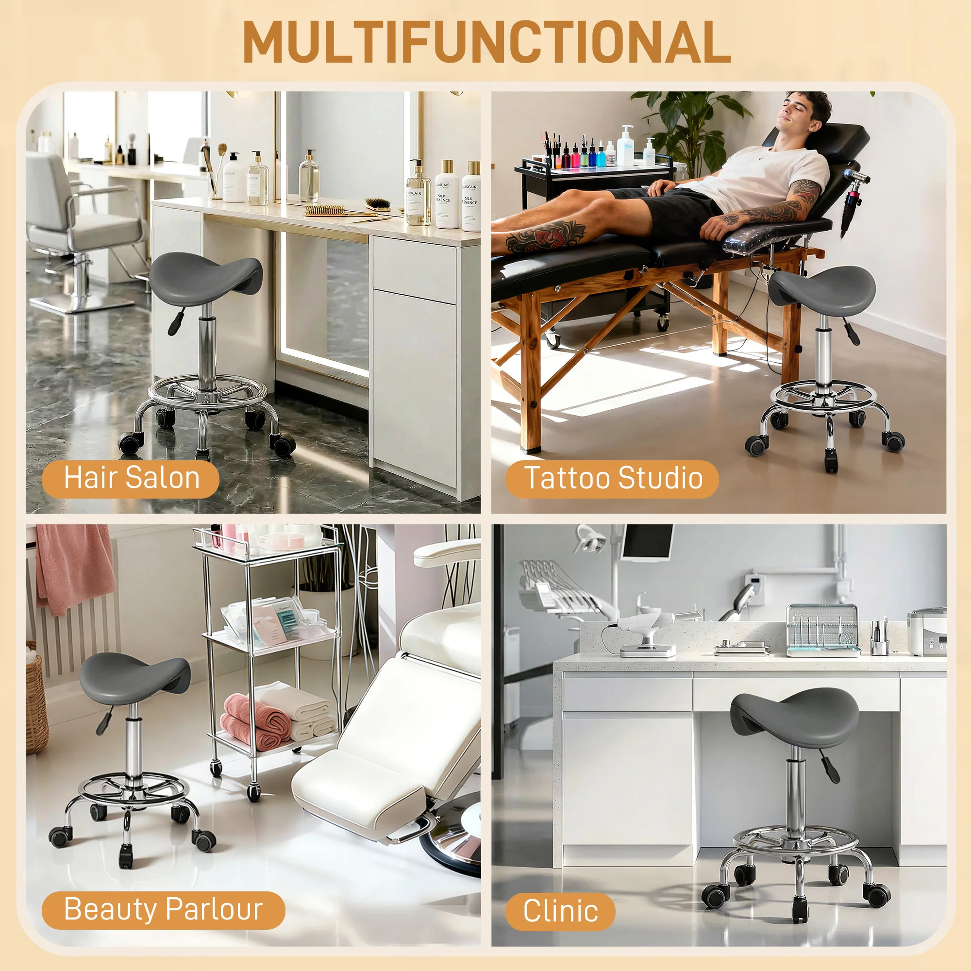 HOMCOM Saddle Chair, Rolling Salon Stool for Massage Spa, Grey - Image 7