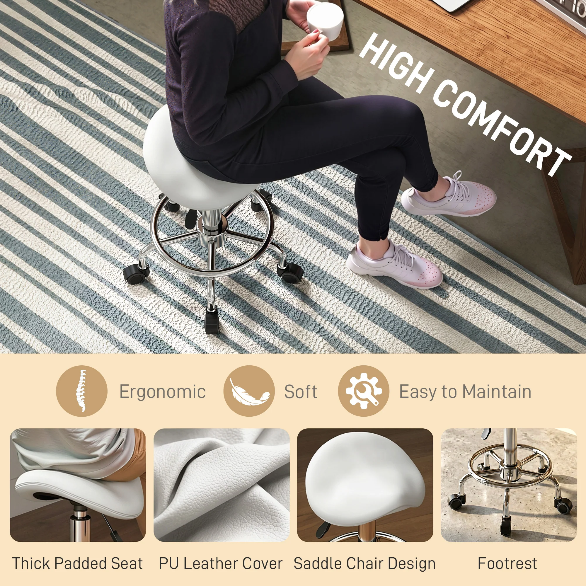 HOMCOM Saddle Chair, Rolling Salon Stool for Massage Spa, White - Image 4