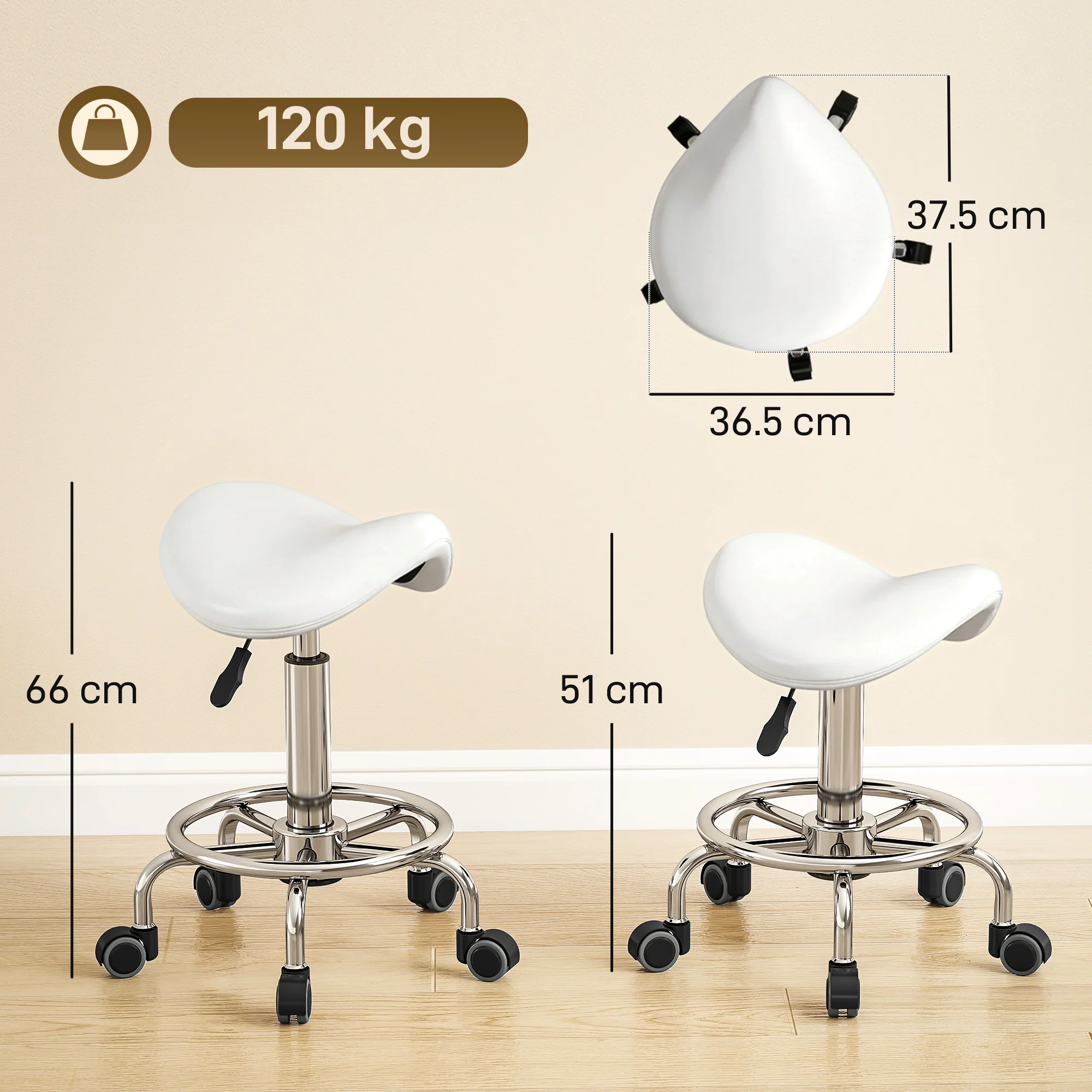 HOMCOM Saddle Chair, Rolling Salon Stool for Massage Spa, White - Image 5