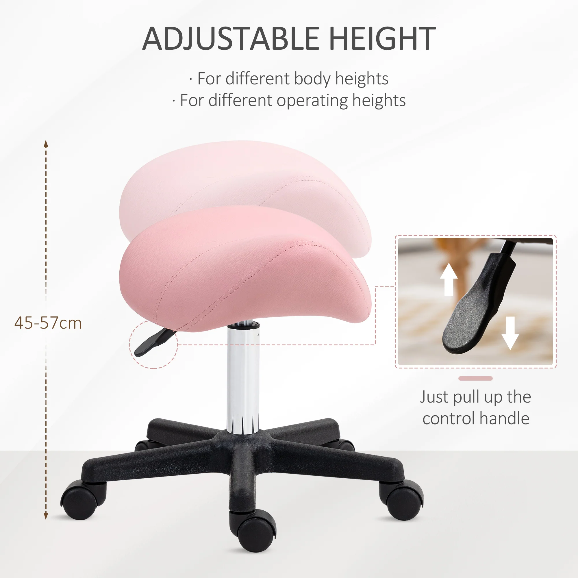 HOMCOM Saddle Stool Adjustable Rolling Salon Chair For Massage Spa Beauty Pink - Image 3