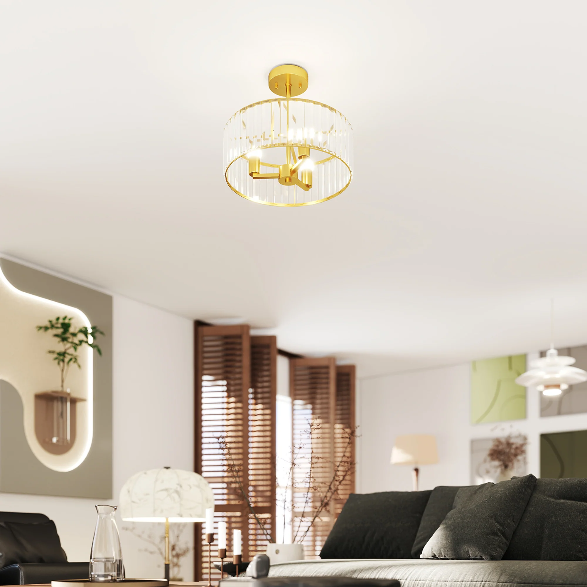 HOMCOM Semi Flush Mount Modern Crystal Chandelier Ceiling Light - Image 9