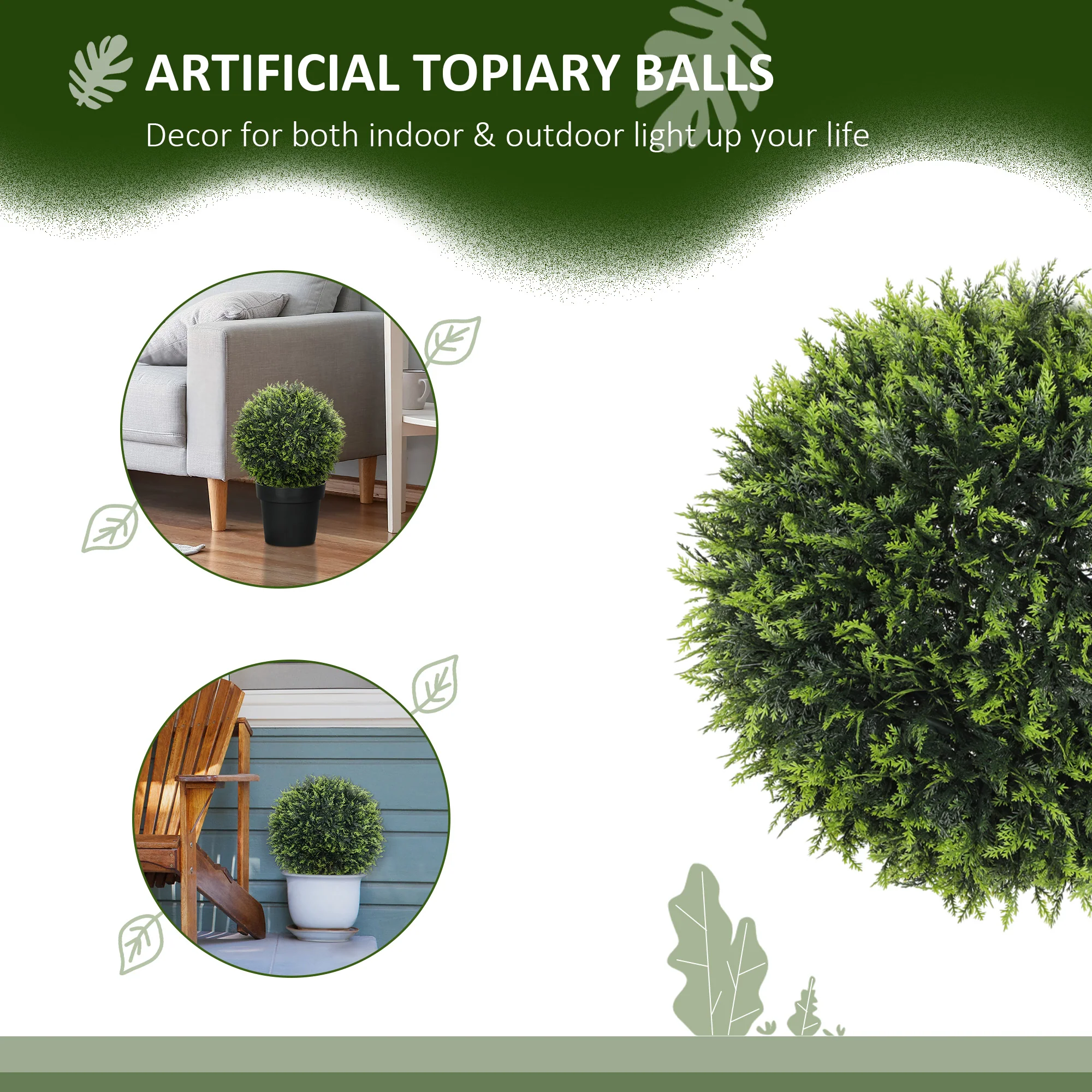 HOMCOM Set Of 2 Artificial Plant Topiary Balls, Faux Plants For Decor, Green - Image 3