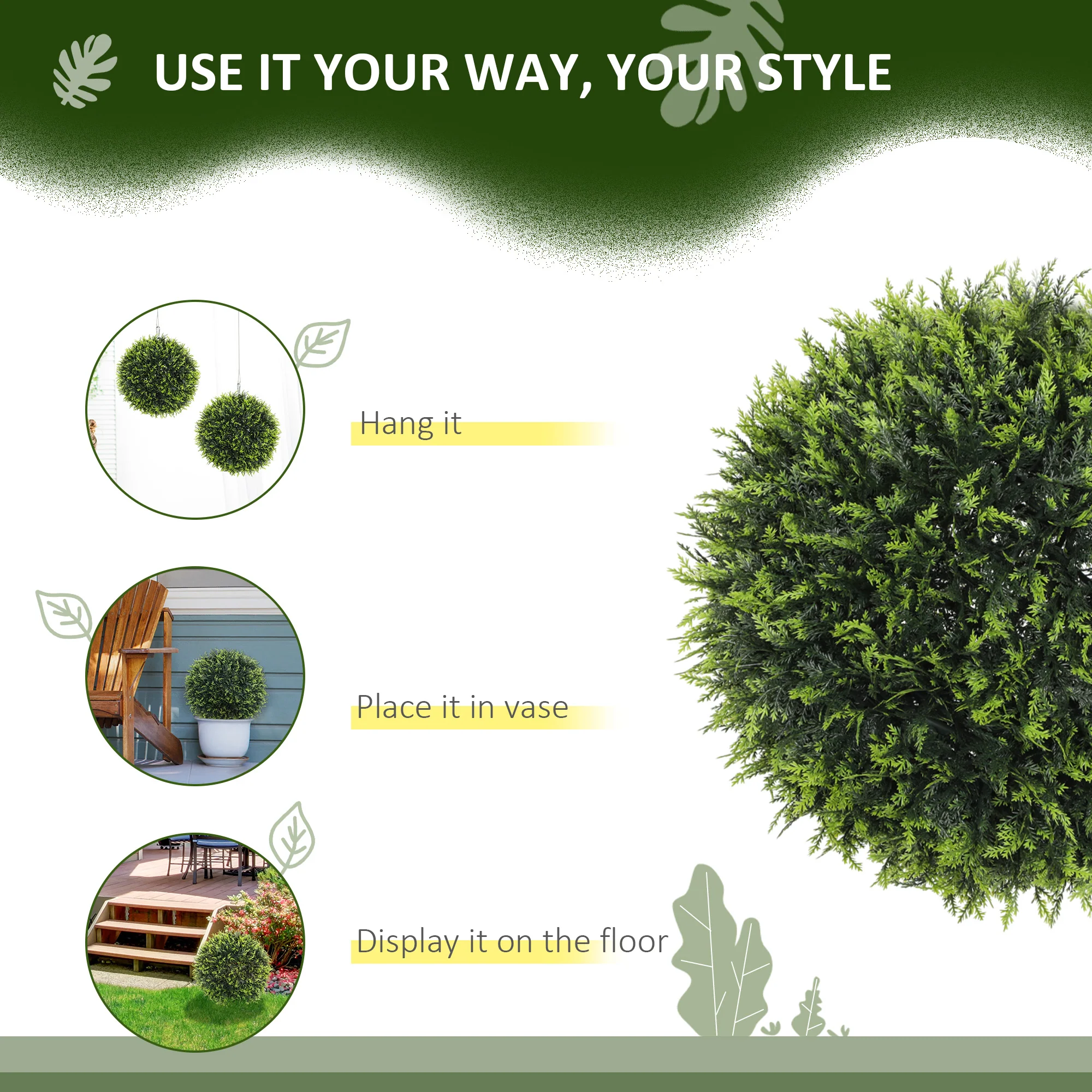 HOMCOM Set Of 2 Artificial Plant Topiary Balls, Faux Plants For Decor, Green - Image 6