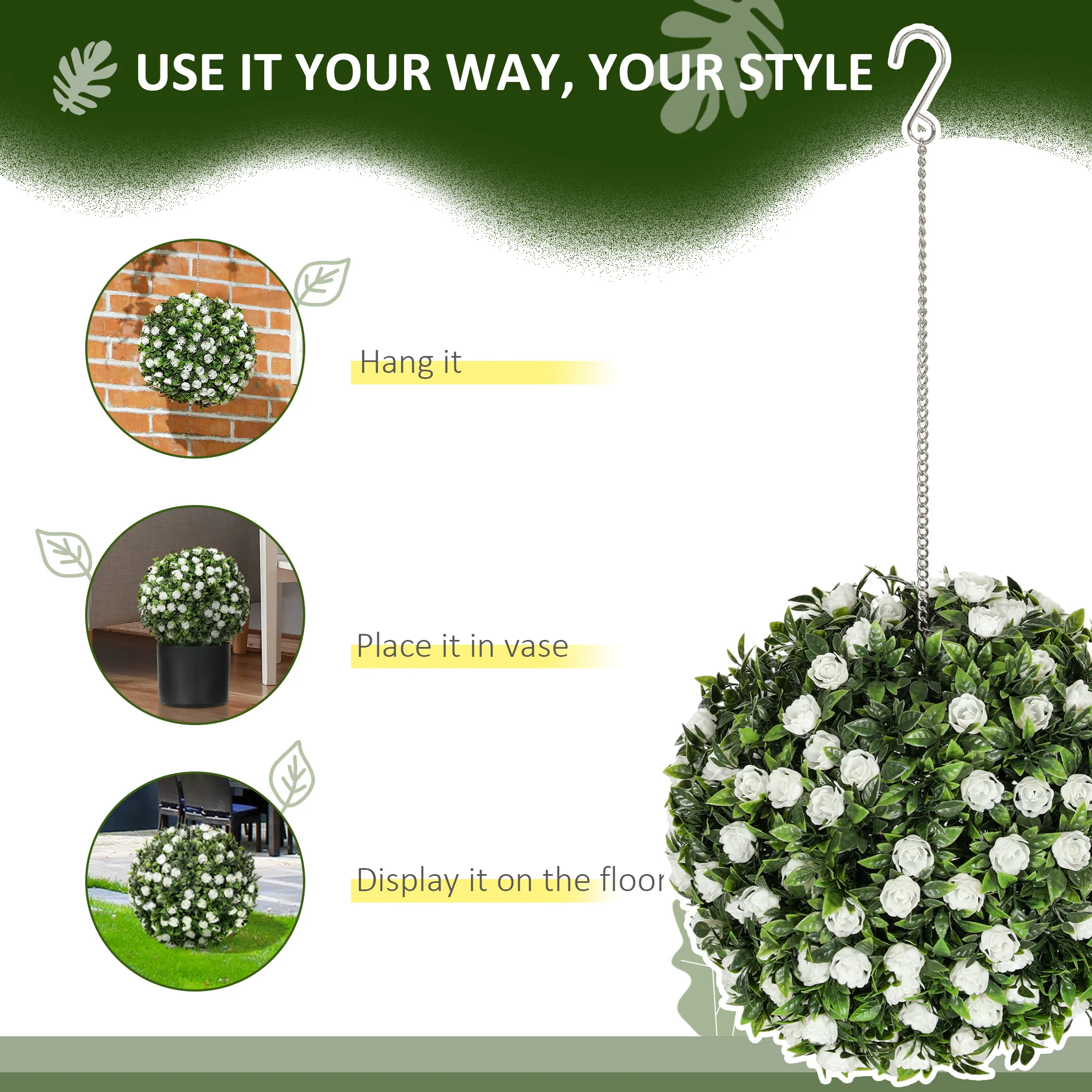 HOMCOM Set Of 2 Artificial Plant Topiary Rose Balls, Faux Plants - Image 24