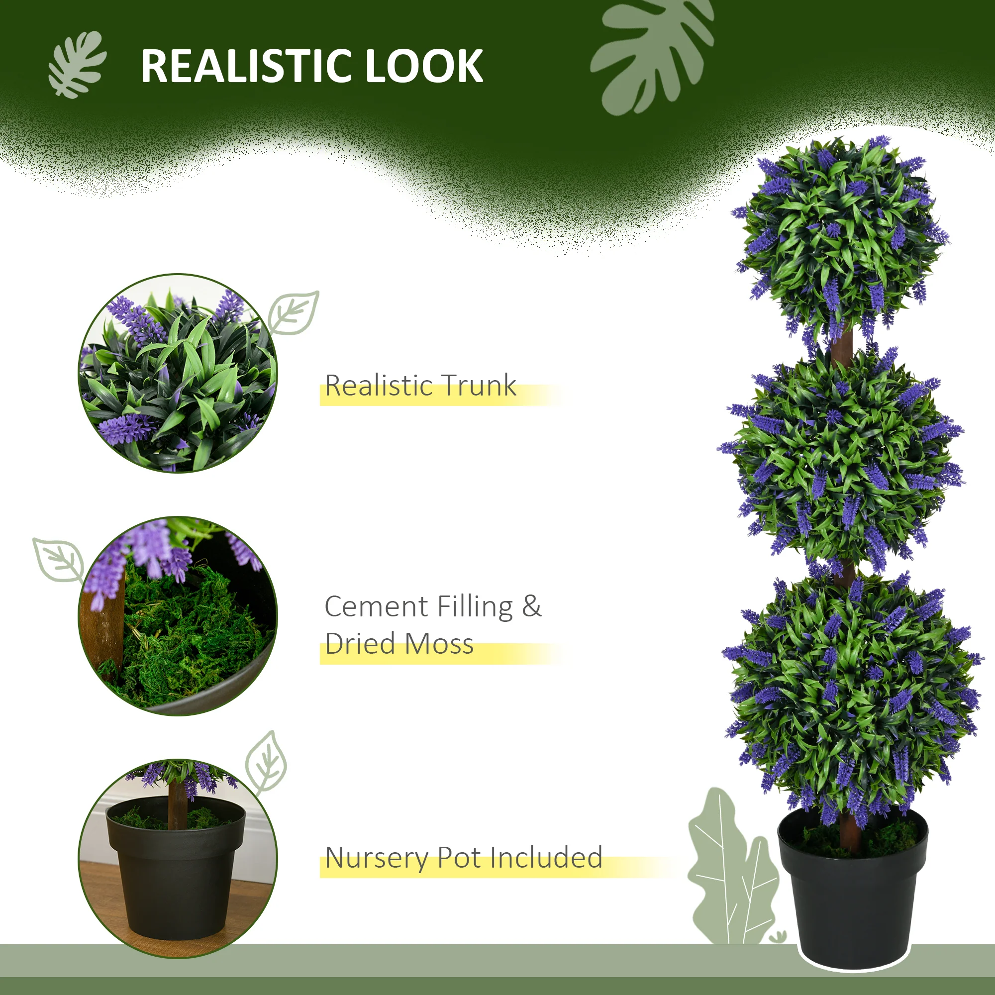 HOMCOM Set Of 2 Potted Artificial Plants Ball Tree With Lavender Flowers, 110cm - Image 3