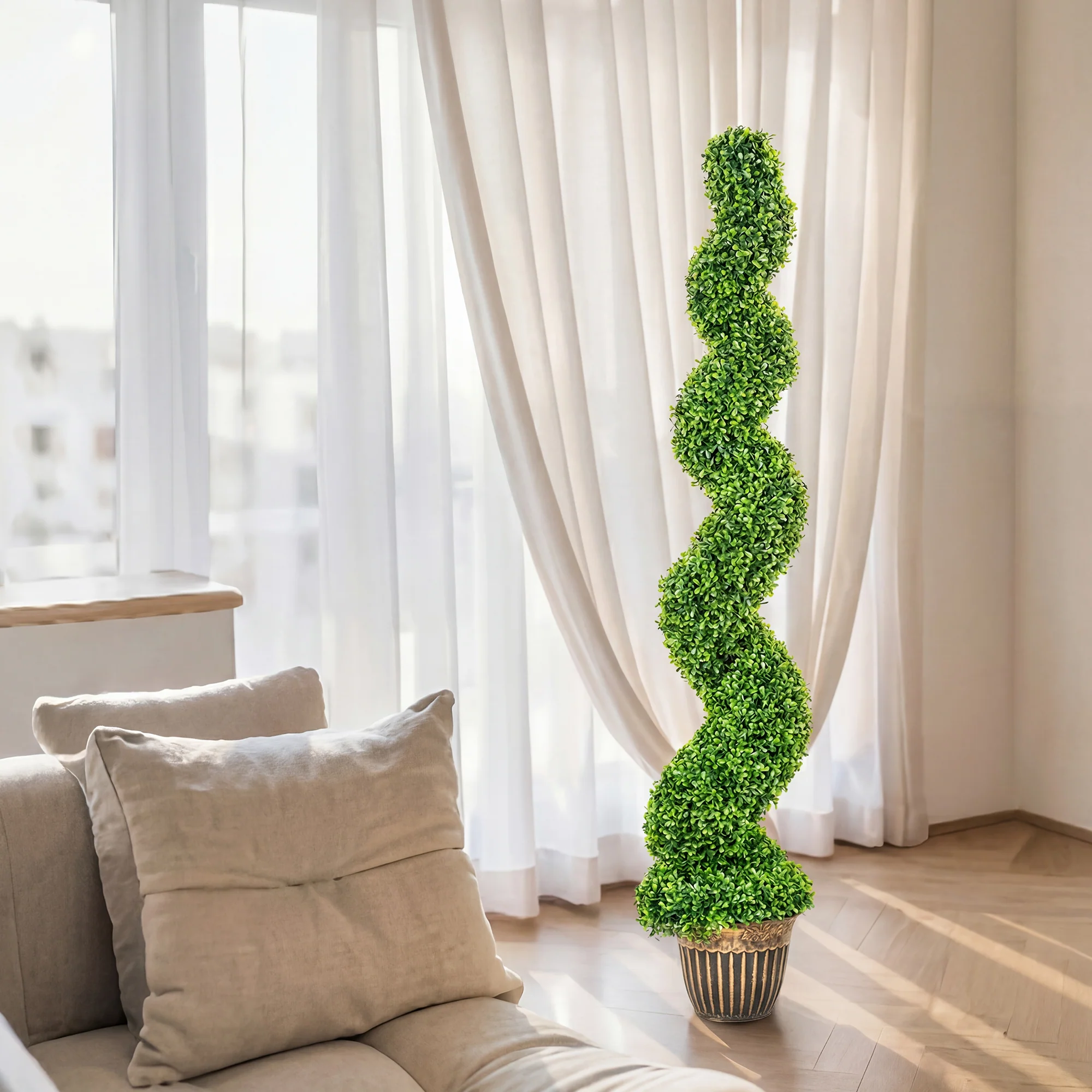 HOMCOM Set Of 2 Potted Artificial Plants, Topiary Spiral Boxwood Trees - Image 9