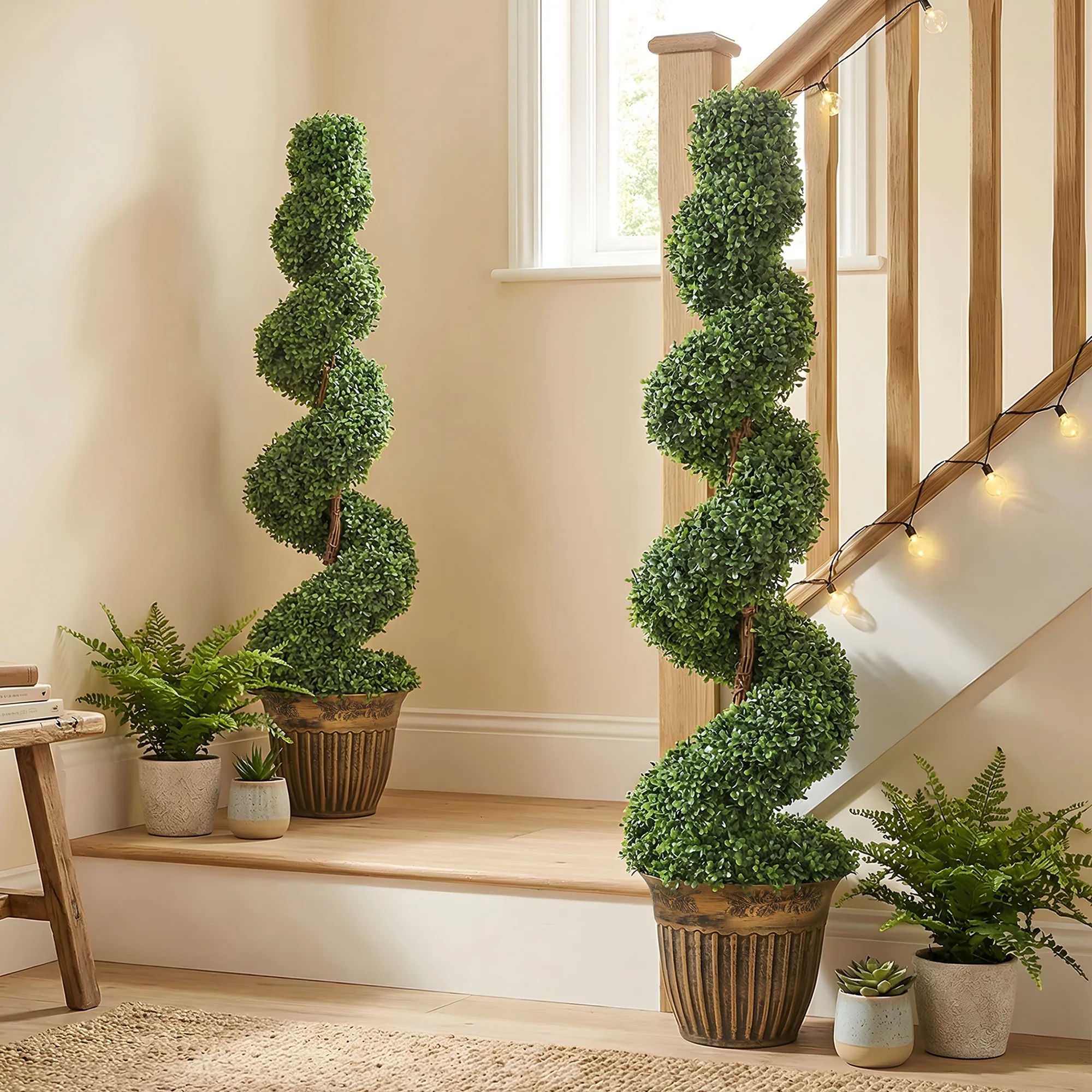 HOMCOM Set Of 2 Potted Artificial Plants, Topiary Spiral Boxwood Trees - Image 2