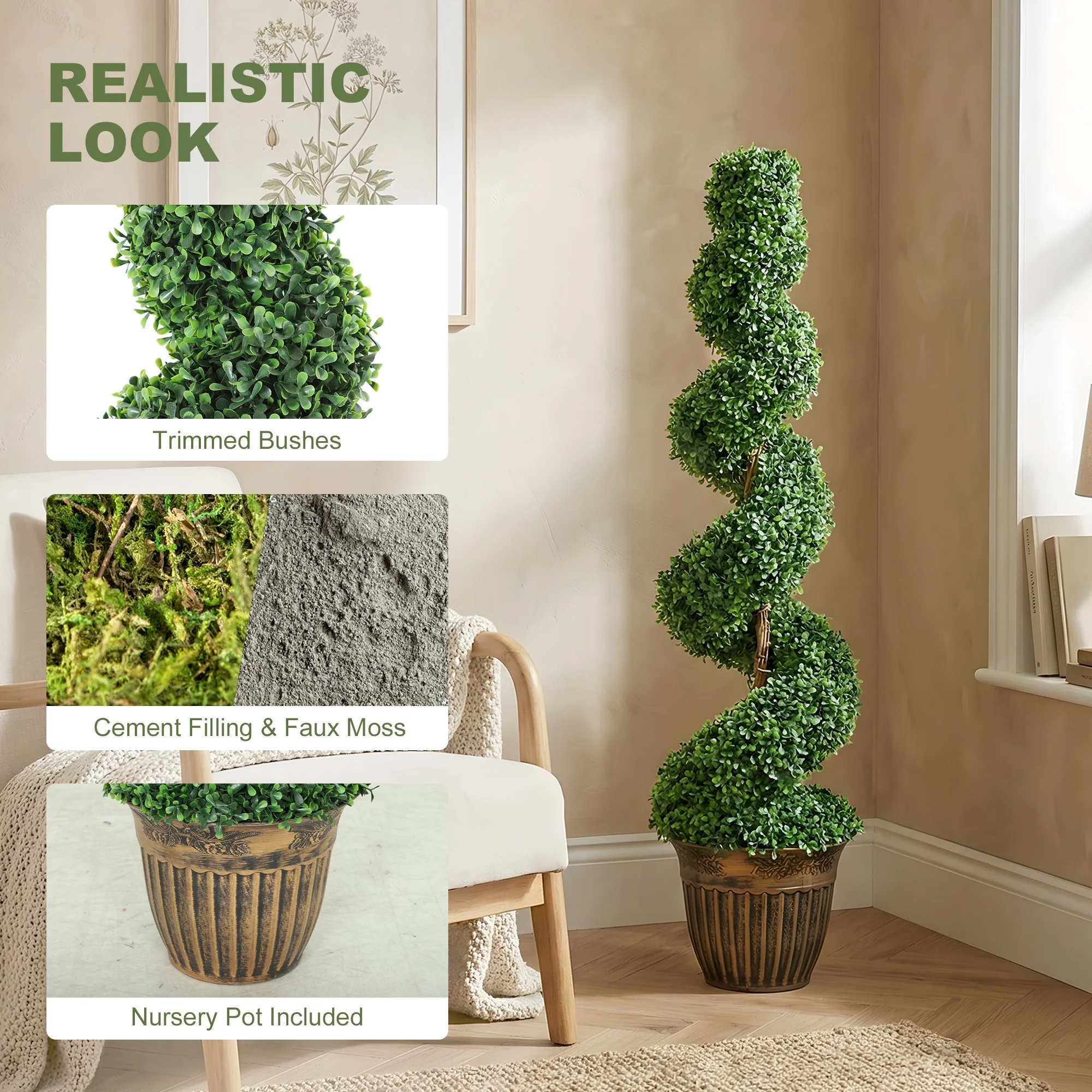 HOMCOM Set Of 2 Potted Artificial Plants, Topiary Spiral Boxwood Trees - Image 4