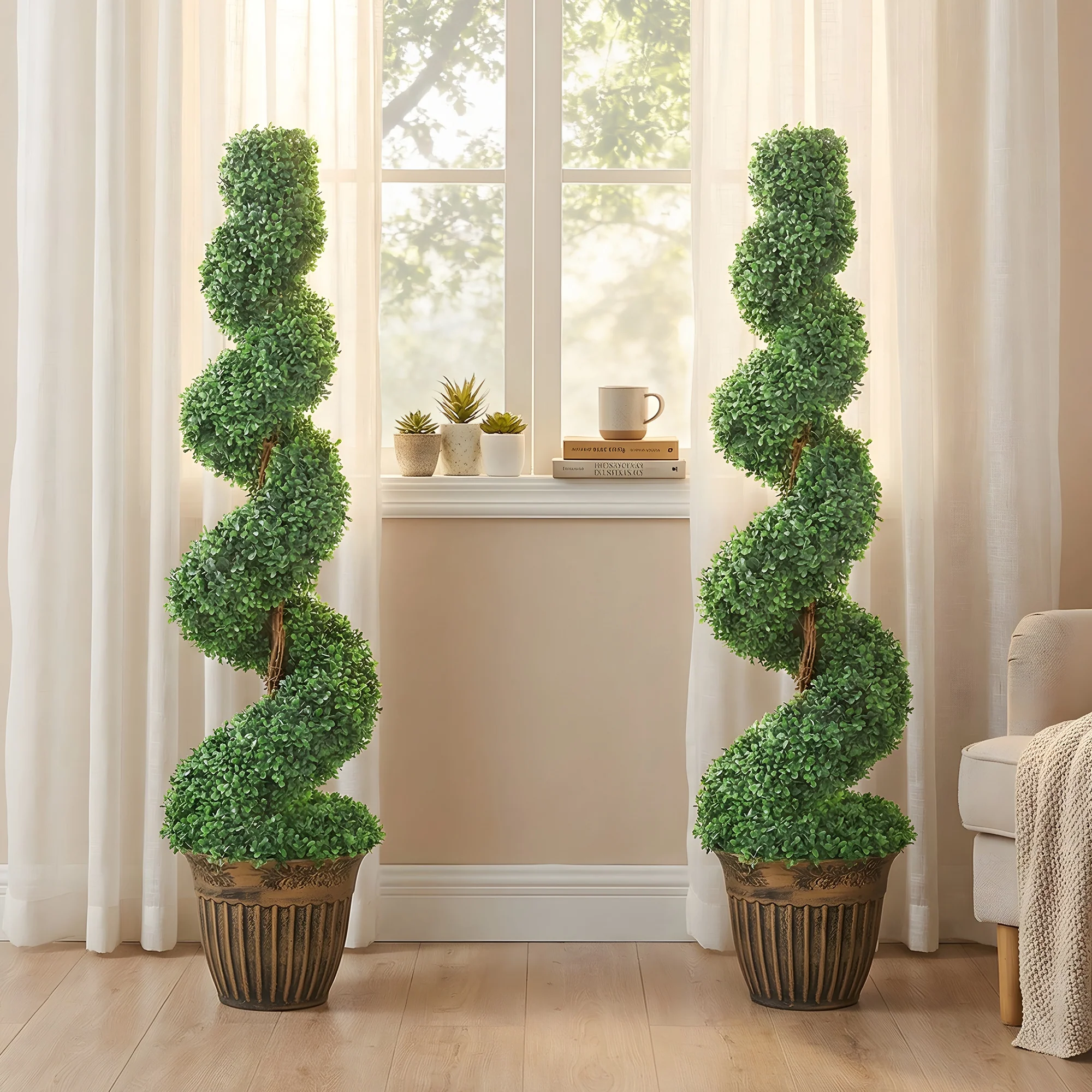 HOMCOM Set Of 2 Potted Artificial Plants, Topiary Spiral Boxwood Trees - Image 6