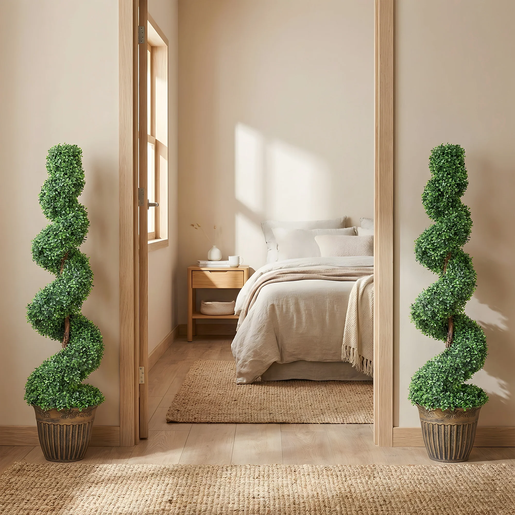 HOMCOM Set Of 2 Potted Artificial Plants, Topiary Spiral Boxwood Trees - Image 8