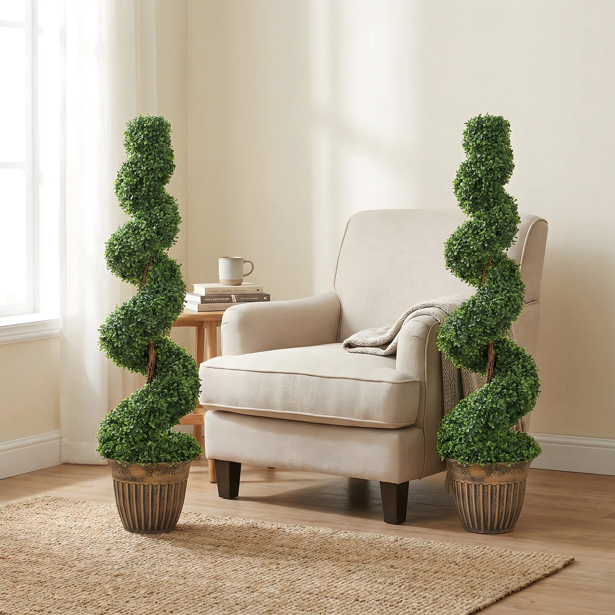 HOMCOM Set Of 2 Potted Artificial Plants, Topiary Spiral Boxwood Trees - Image 9
