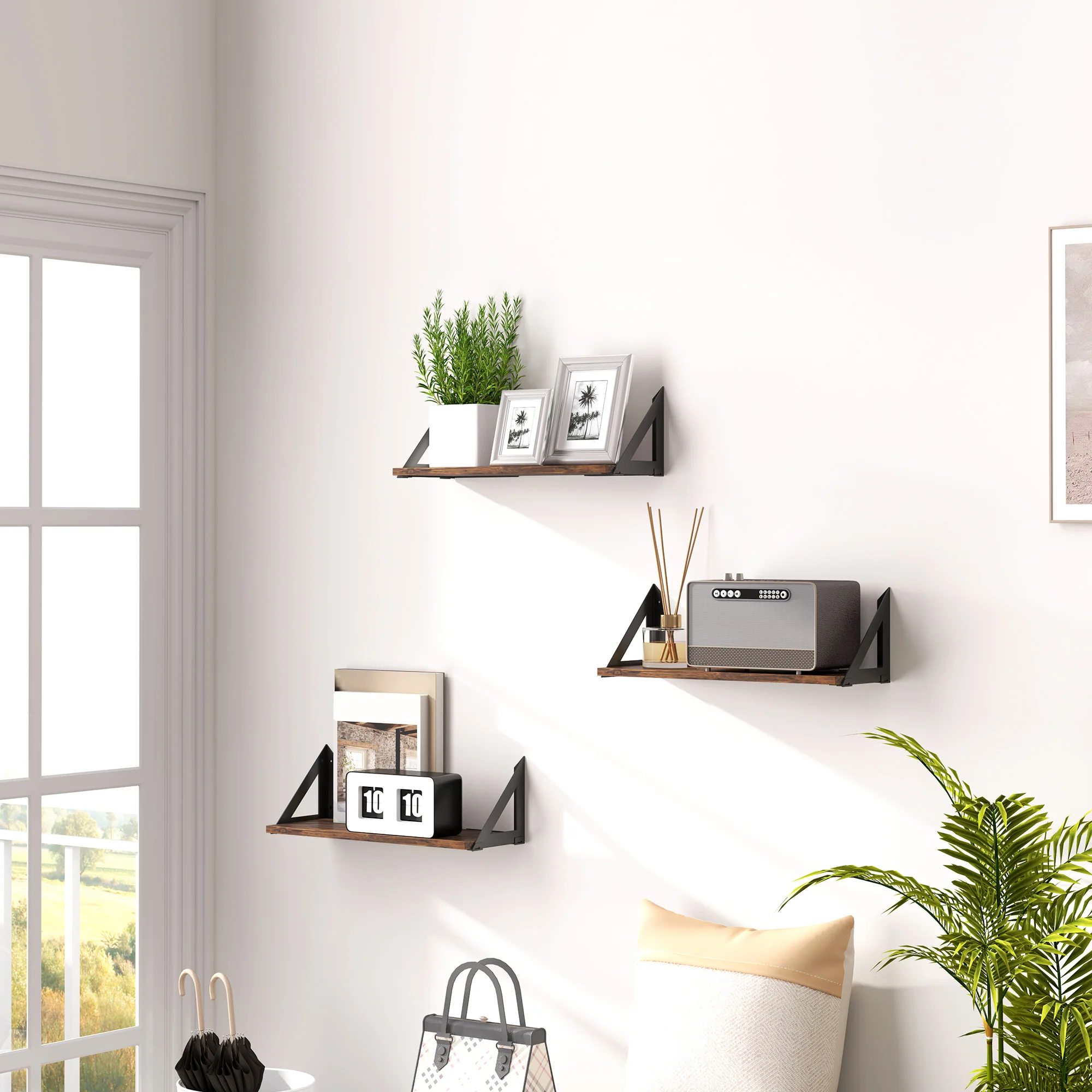 HOMCOM Set Of 3 Vintage Wall Shelves For Living Room Rustic Brown - Image 2