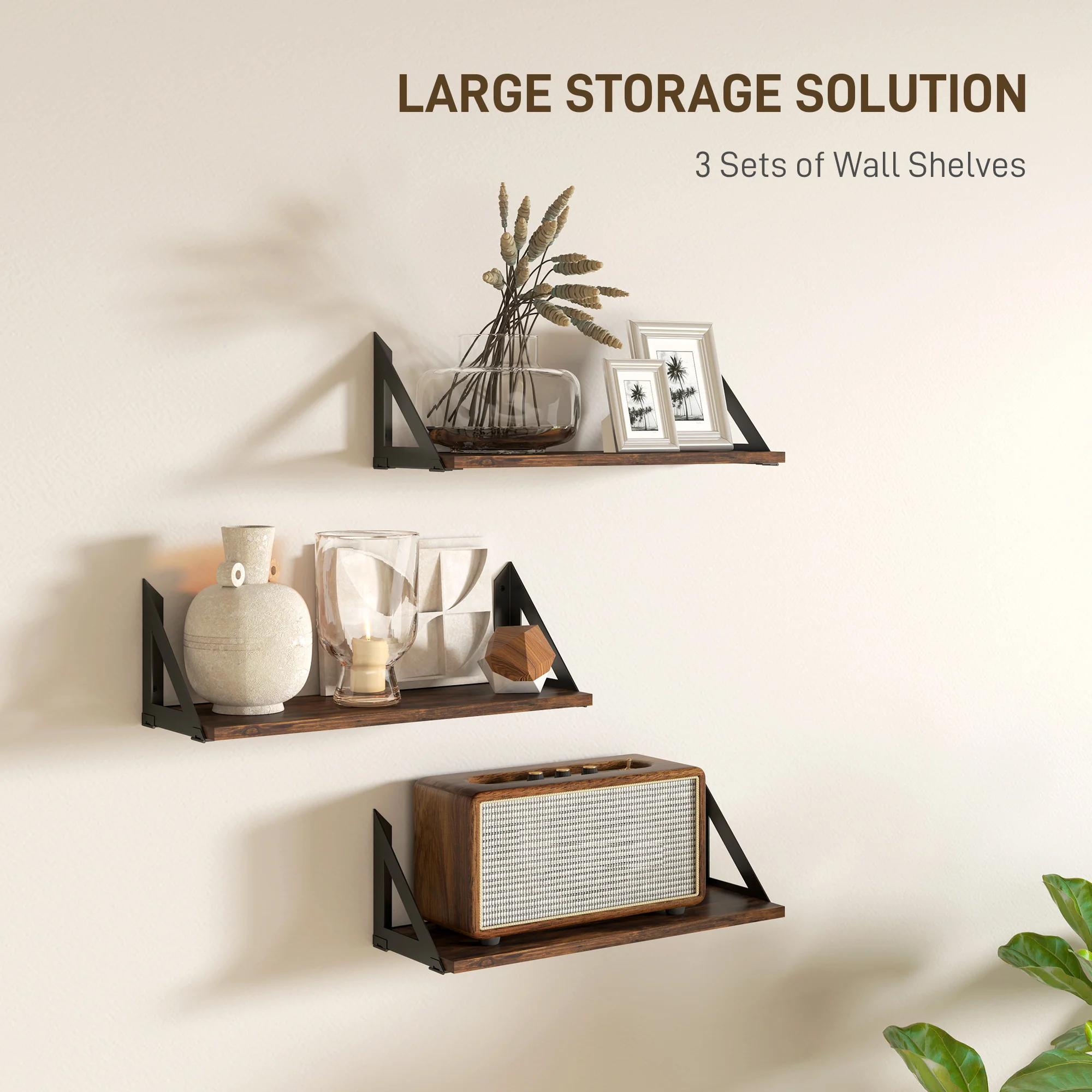HOMCOM Set Of 3 Vintage Wall Shelves For Living Room Rustic Brown - Image 3