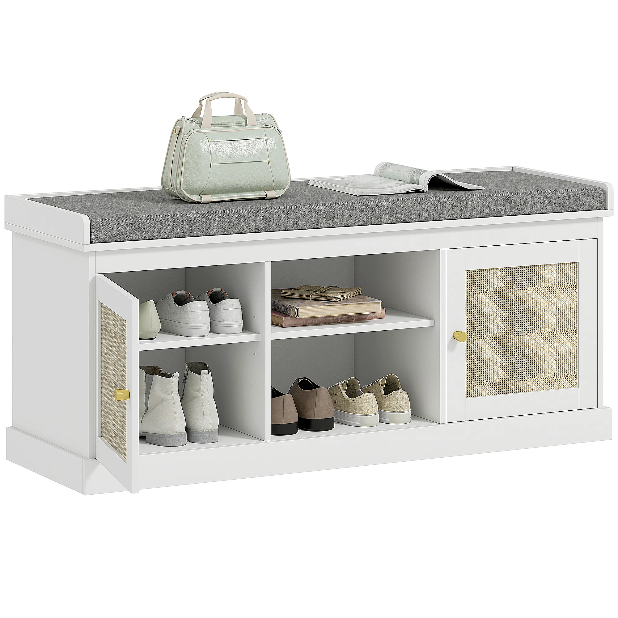 HOMCOM Shoe Bench, Boho Shoe Storage Bench With Padded Cushion, White