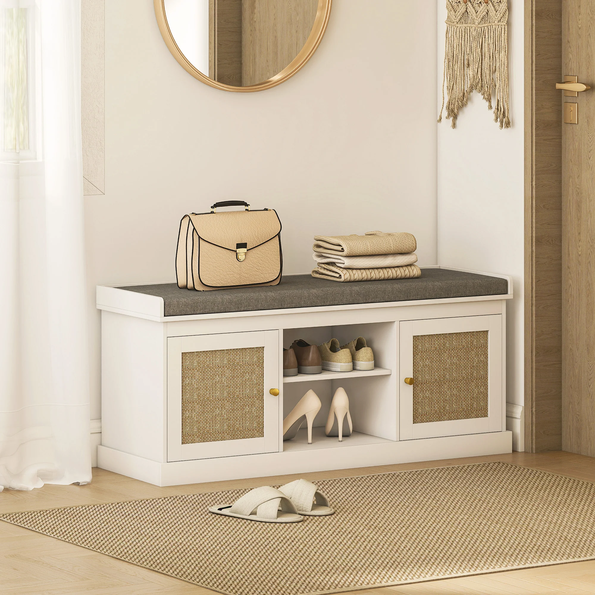 HOMCOM Shoe Bench, Boho Shoe Storage Bench With Padded Cushion, White - Image 2