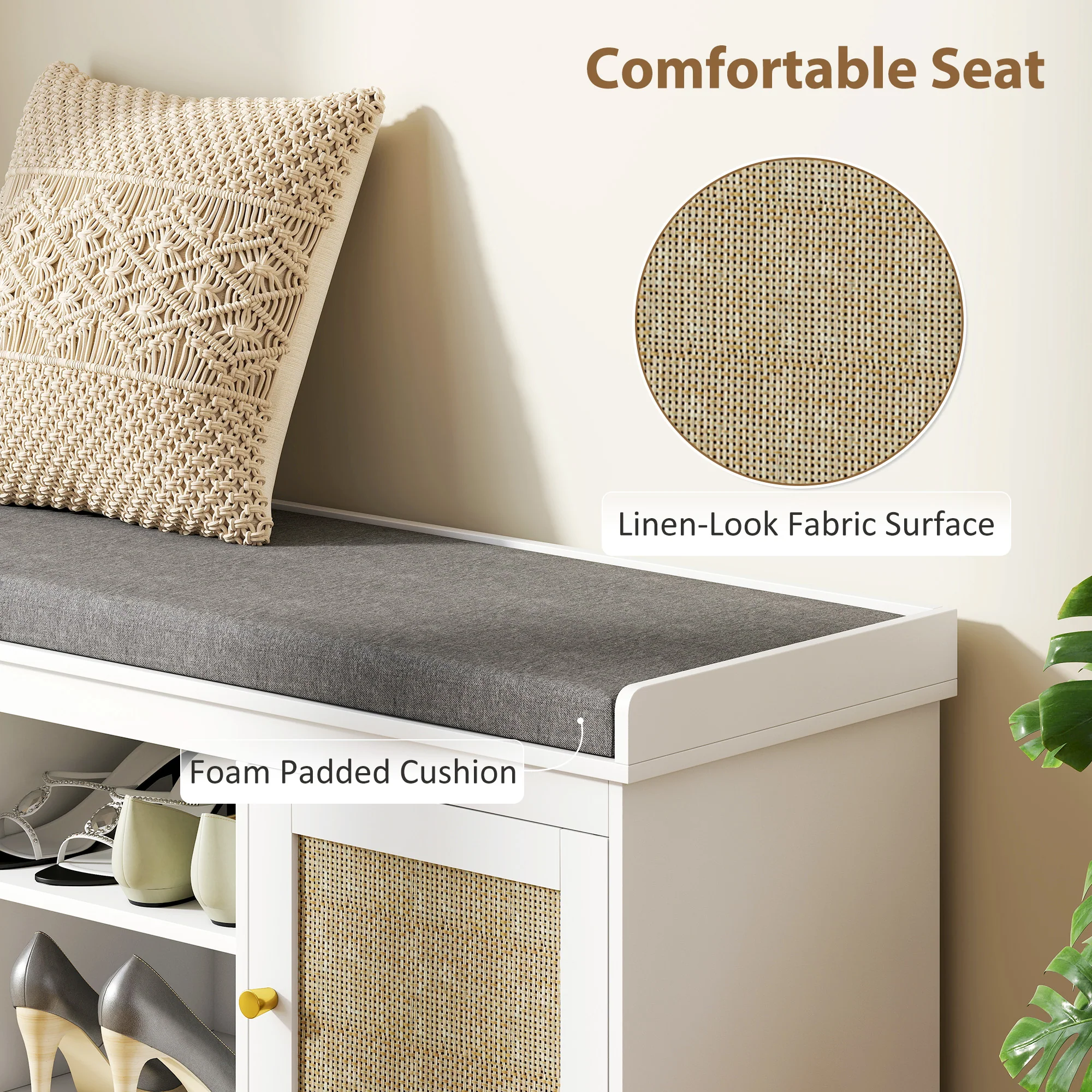 HOMCOM Shoe Bench, Boho Shoe Storage Bench With Padded Cushion, White - Image 4