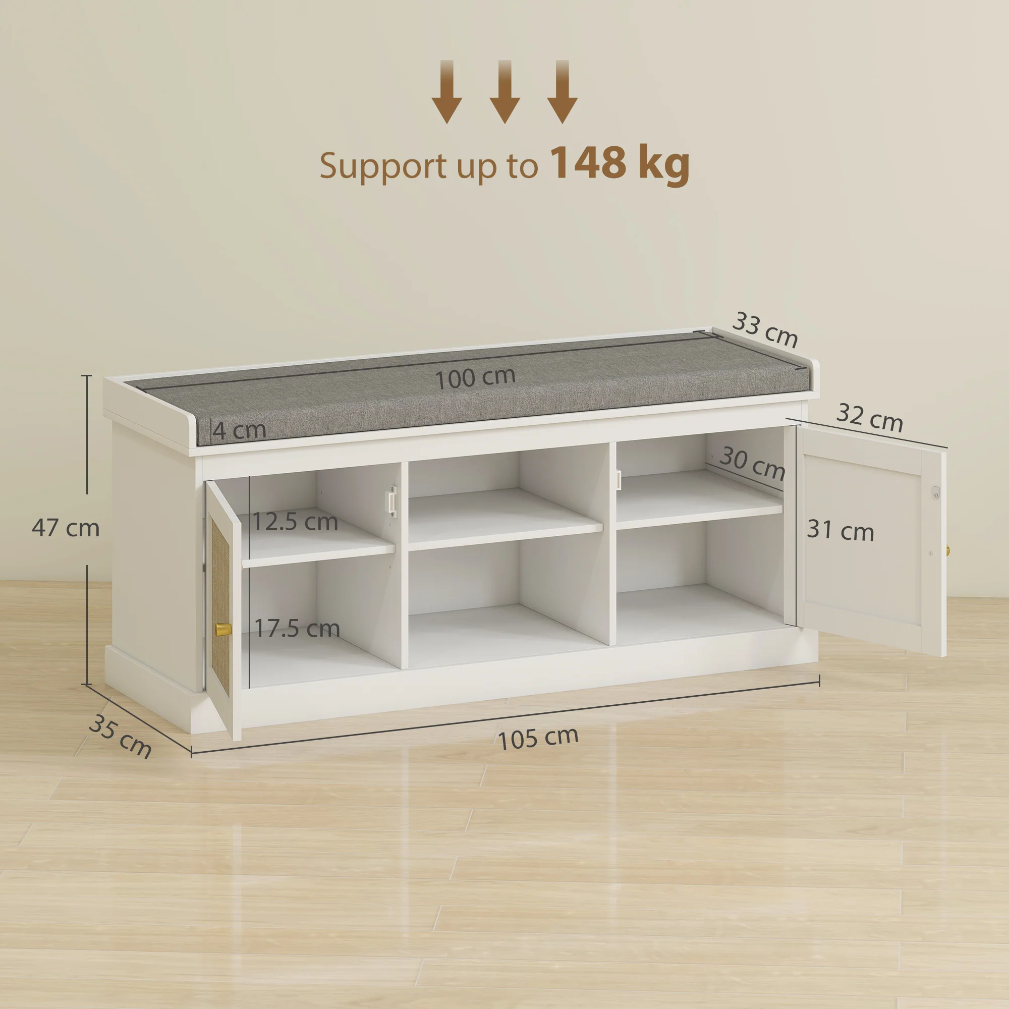 HOMCOM Shoe Bench, Boho Shoe Storage Bench With Padded Cushion, White - Image 5