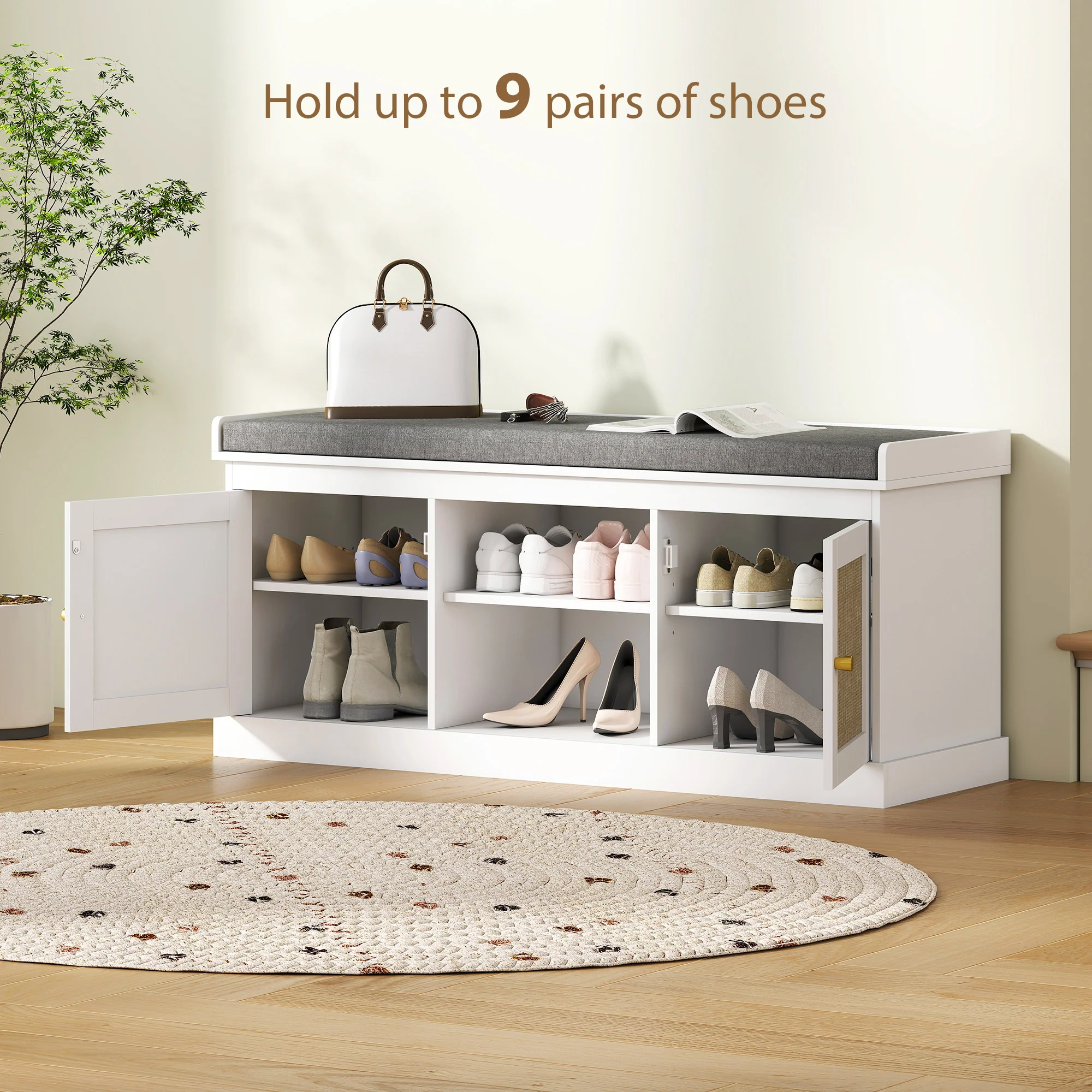 HOMCOM Shoe Bench, Boho Shoe Storage Bench With Padded Cushion, White - Image 6