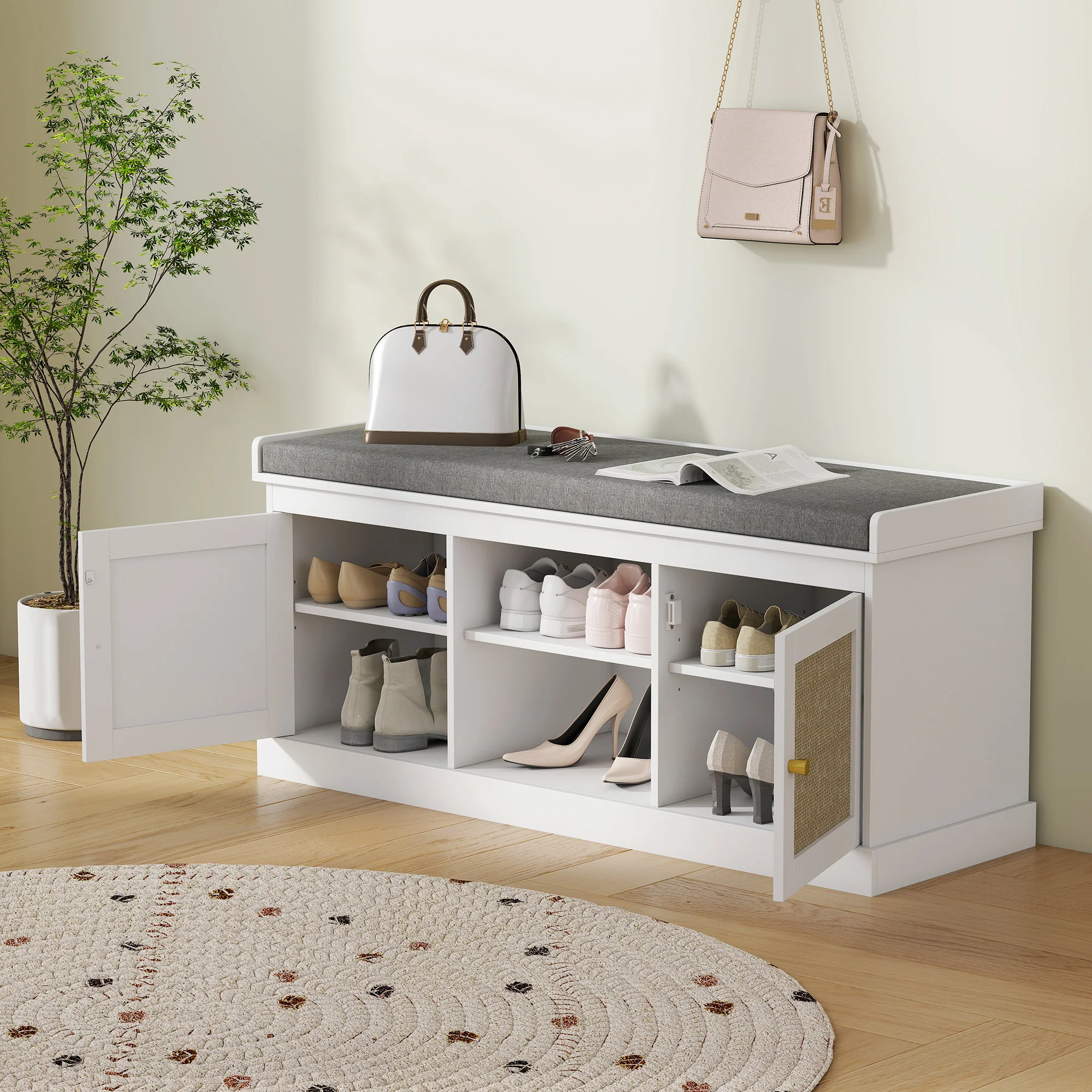 HOMCOM Shoe Bench, Boho Shoe Storage Bench With Padded Cushion, White - Image 8