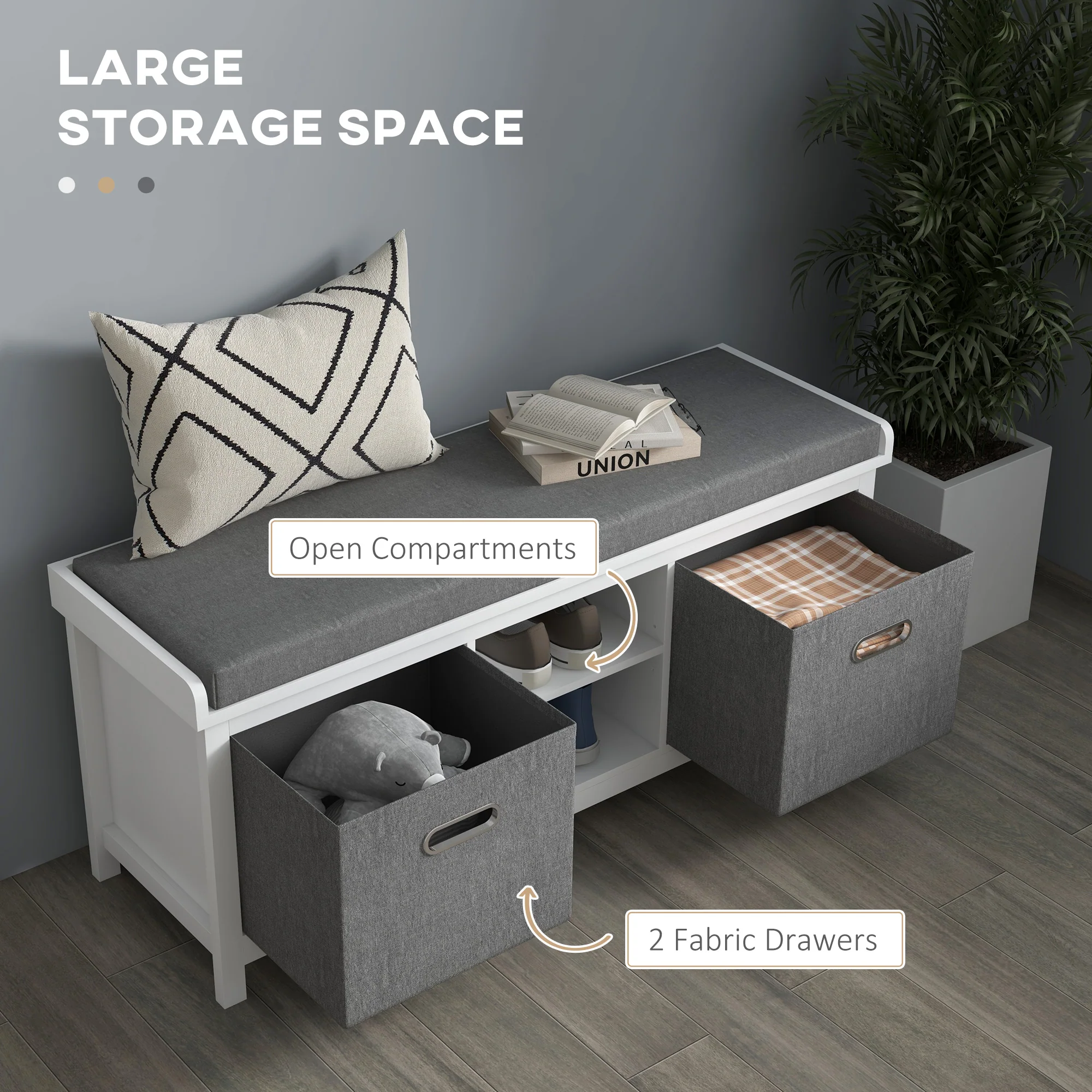 HOMCOM Shoe Bench With Cushioned Seat Fabric Drawers For Entryway Hallway White - Image 4