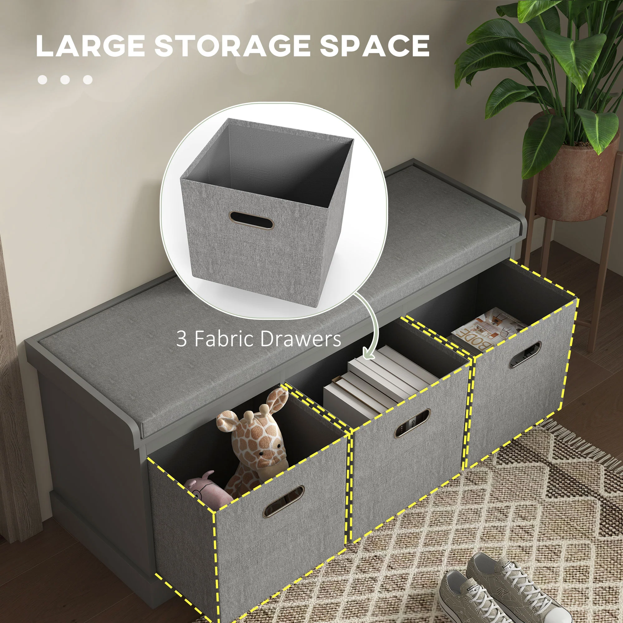 HOMCOM Shoe Bench with Seat, Shoe Storage Bench with Fabric Drawers, Grey - Image 4