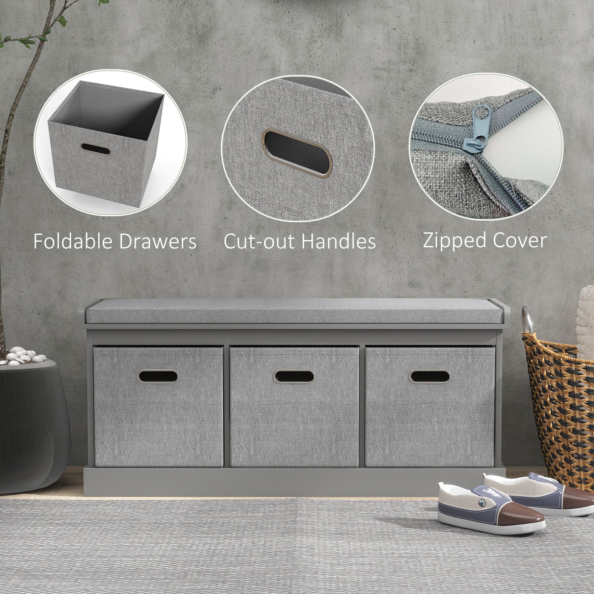 HOMCOM Shoe Bench with Seat, Shoe Storage Bench with Fabric Drawers, Grey - Image 6