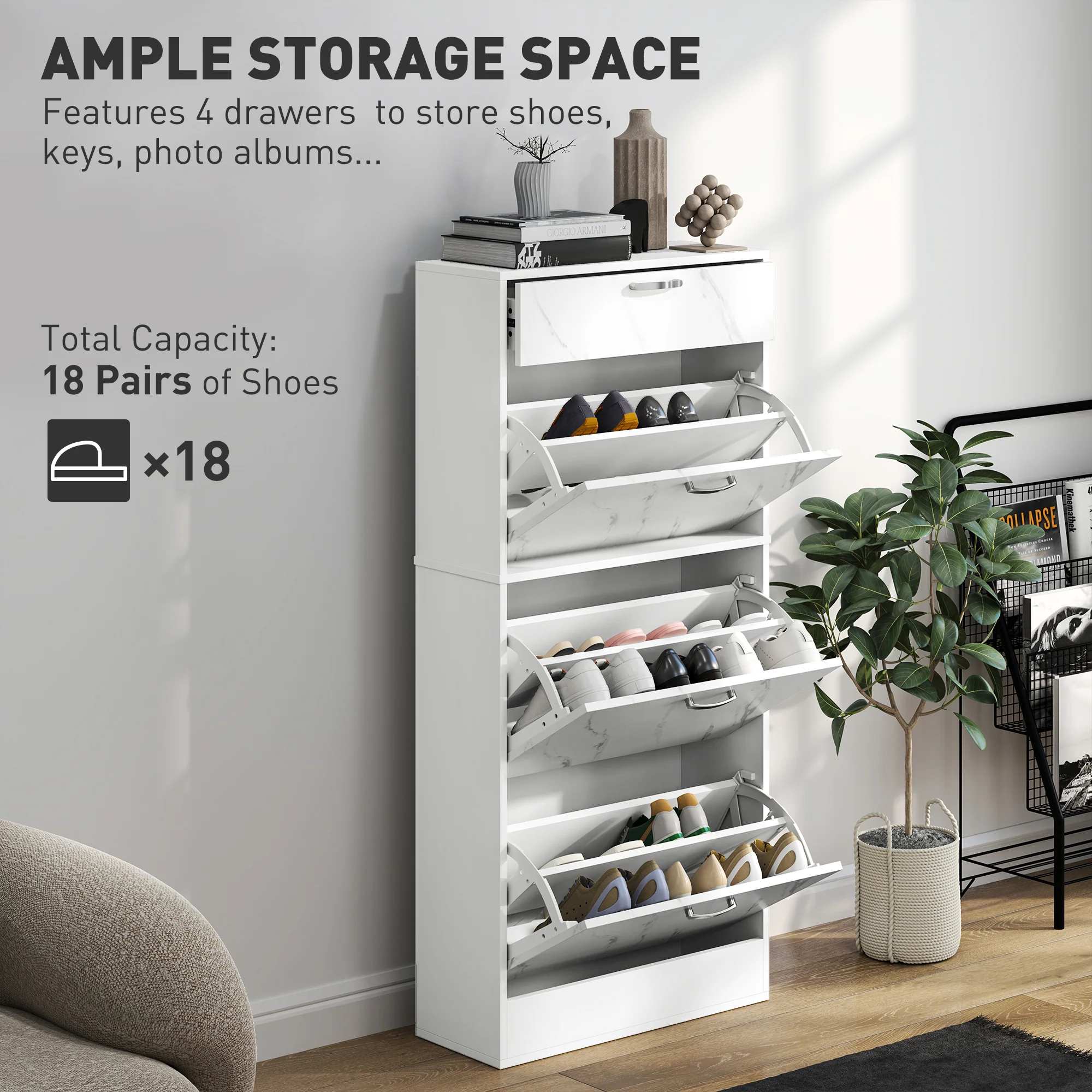 HOMCOM Shoe Cabinet w/ 4 Drawers Shoe Storage Organiser for 18 Pairs Black - Image 3