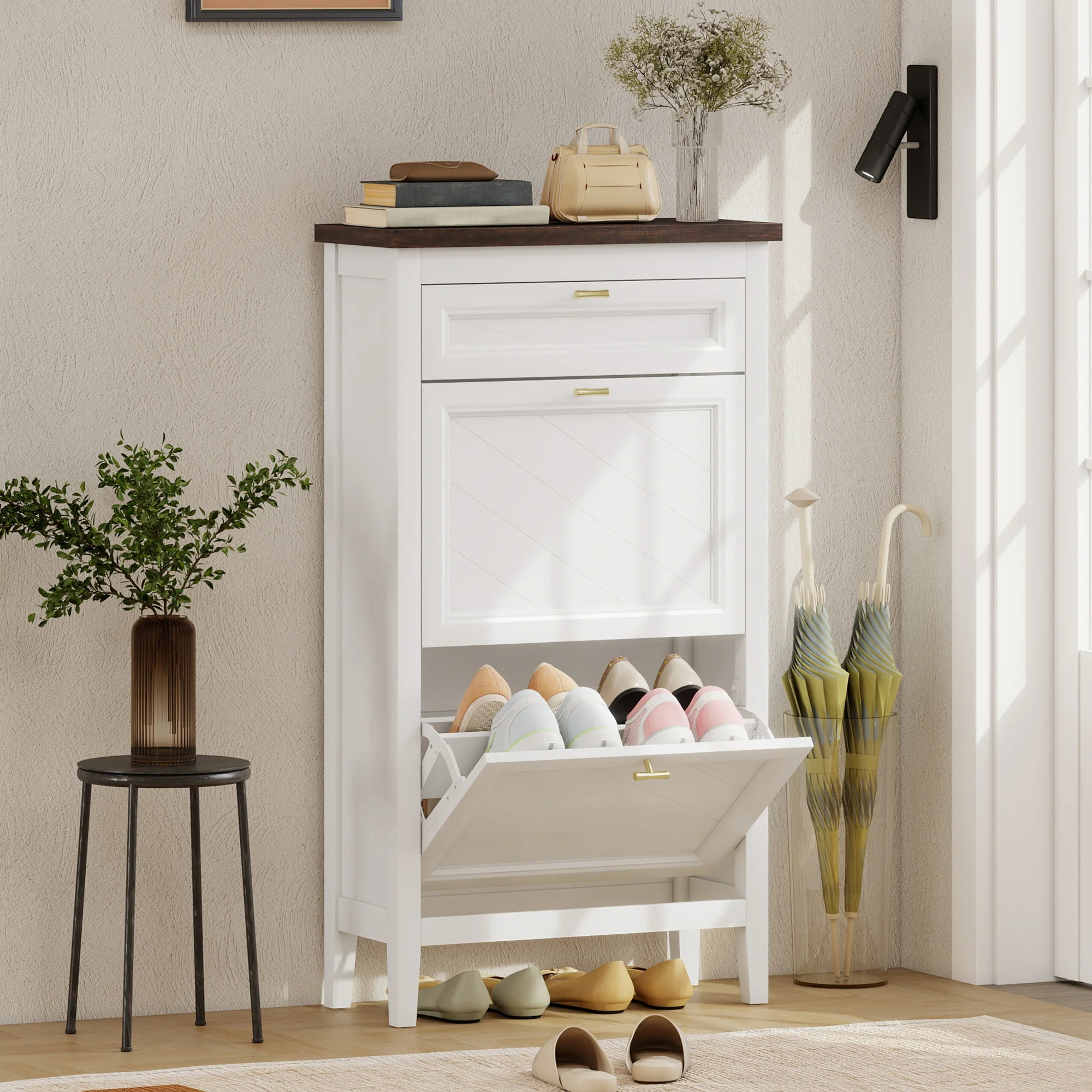 HOMCOM Shoe Cabinet with 2 Flip Drawers, Narrow Shoe Storage Cabinet, White - Image 2