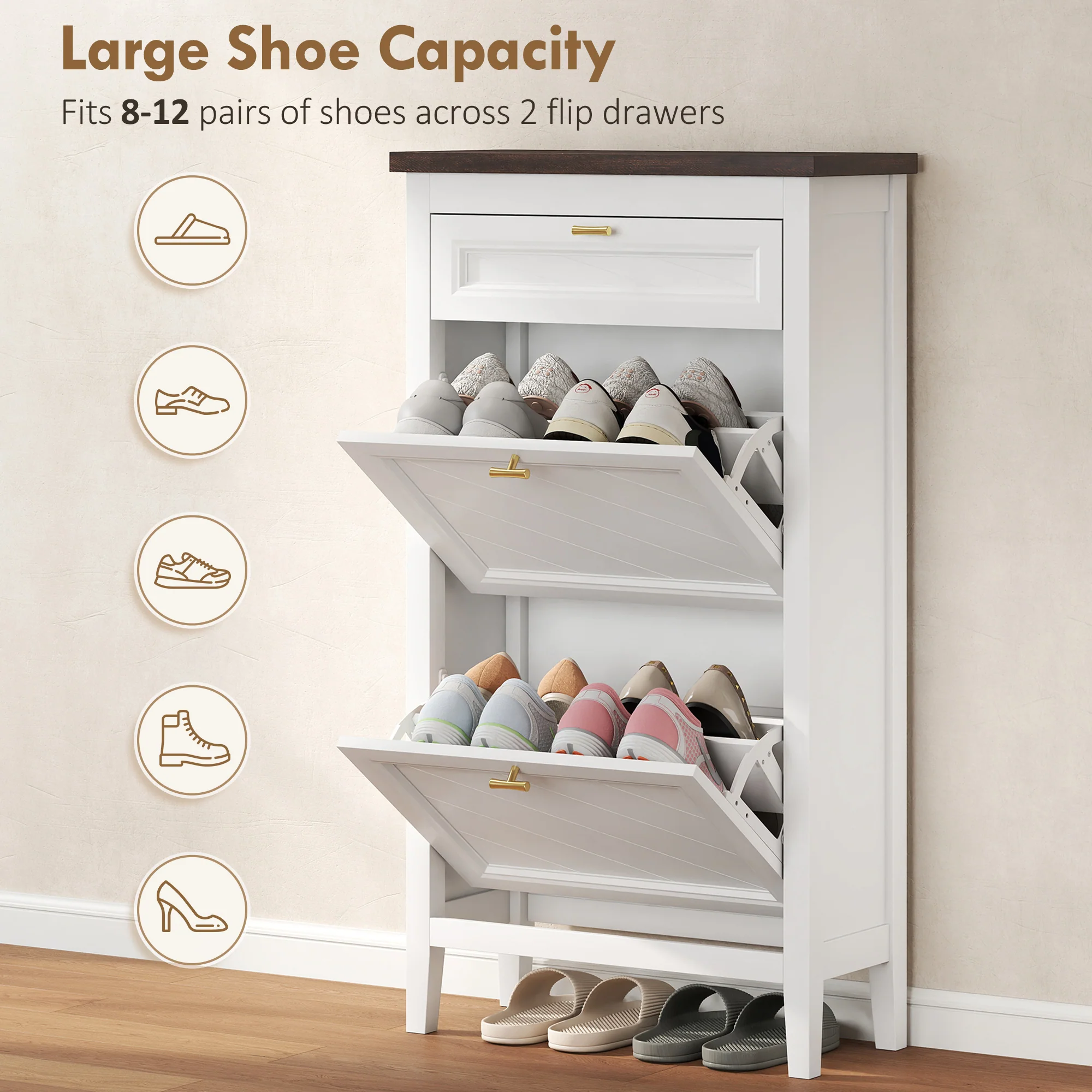 HOMCOM Shoe Cabinet with 2 Flip Drawers, Narrow Shoe Storage Cabinet, White - Image 4