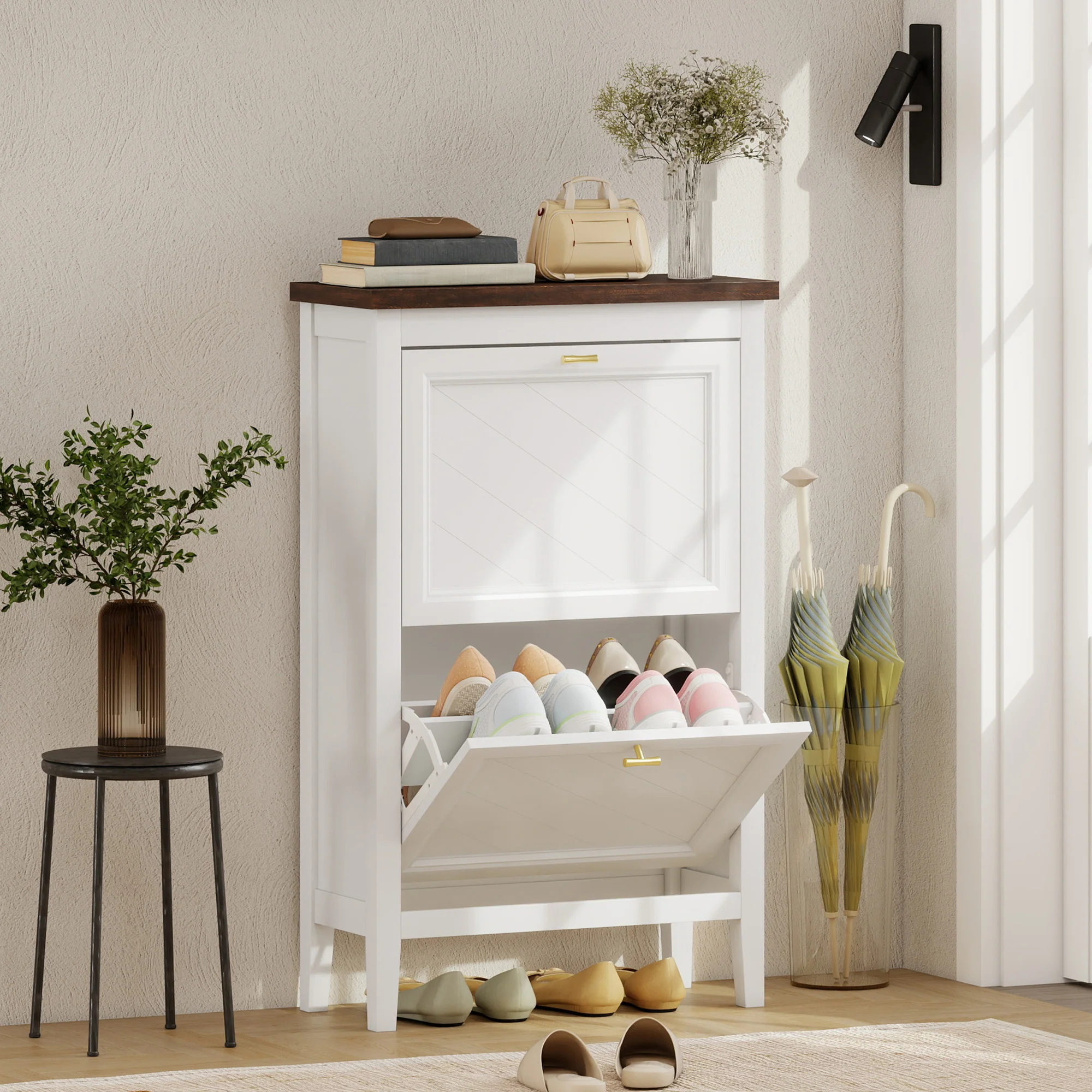 HOMCOM Shoe Cabinet with 2 Flip Drawers, Narrow Shoe Storage Cabinet, White - Image 2