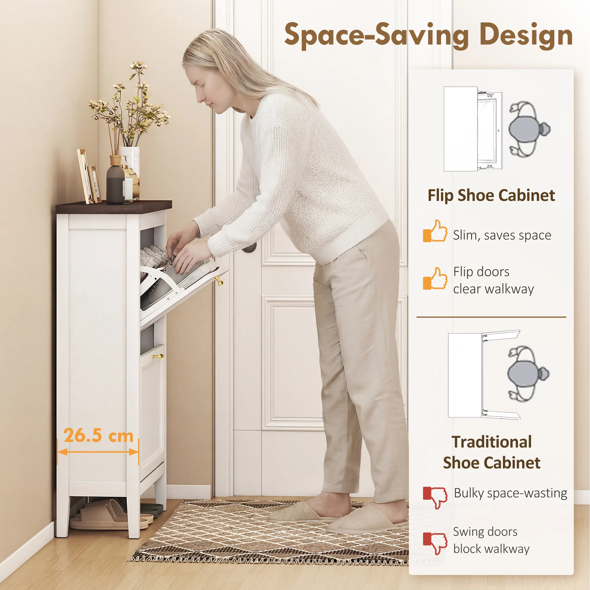 HOMCOM Shoe Cabinet with 2 Flip Drawers, Narrow Shoe Storage Cabinet, White - Image 3