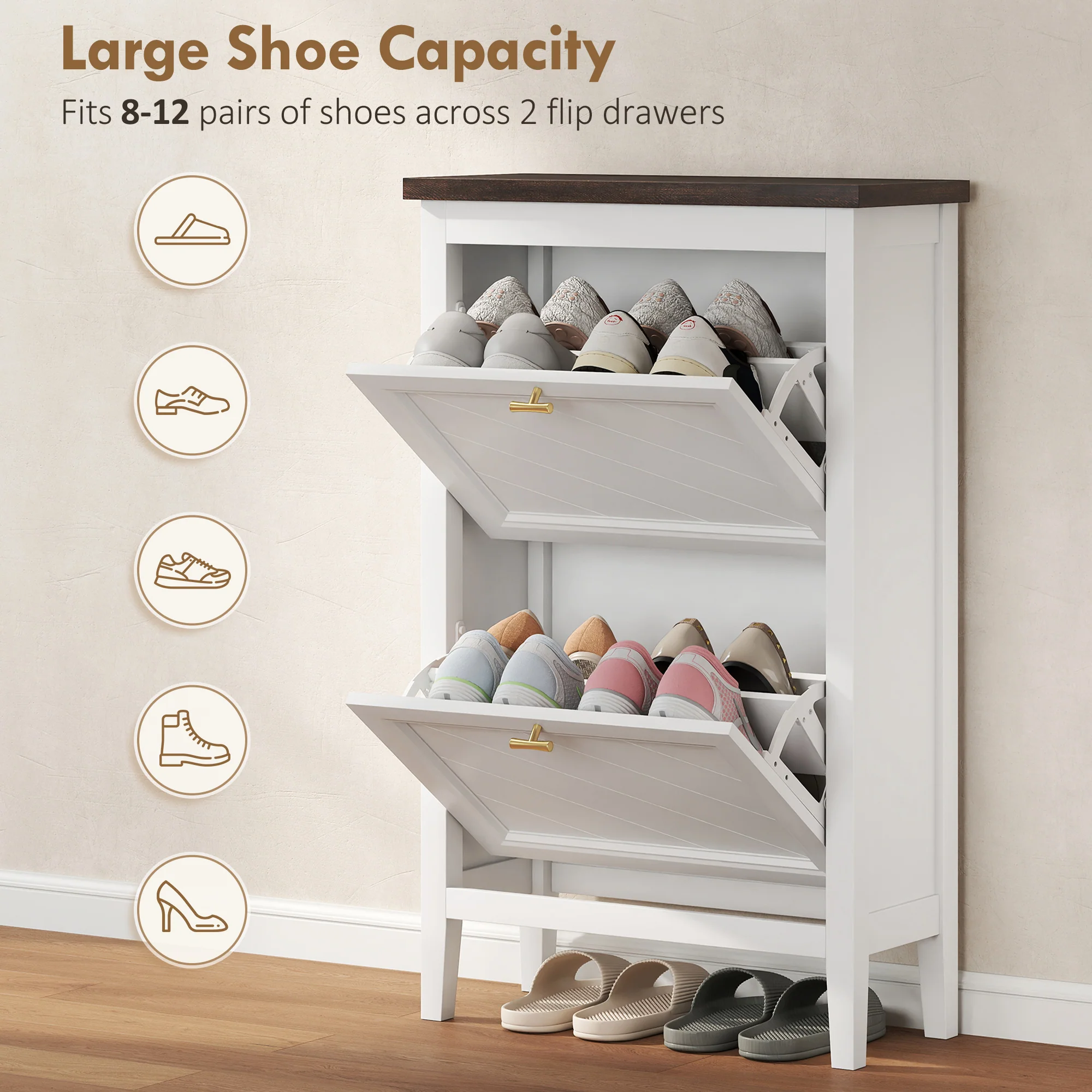 HOMCOM Shoe Cabinet with 2 Flip Drawers, Narrow Shoe Storage Cabinet, White - Image 4