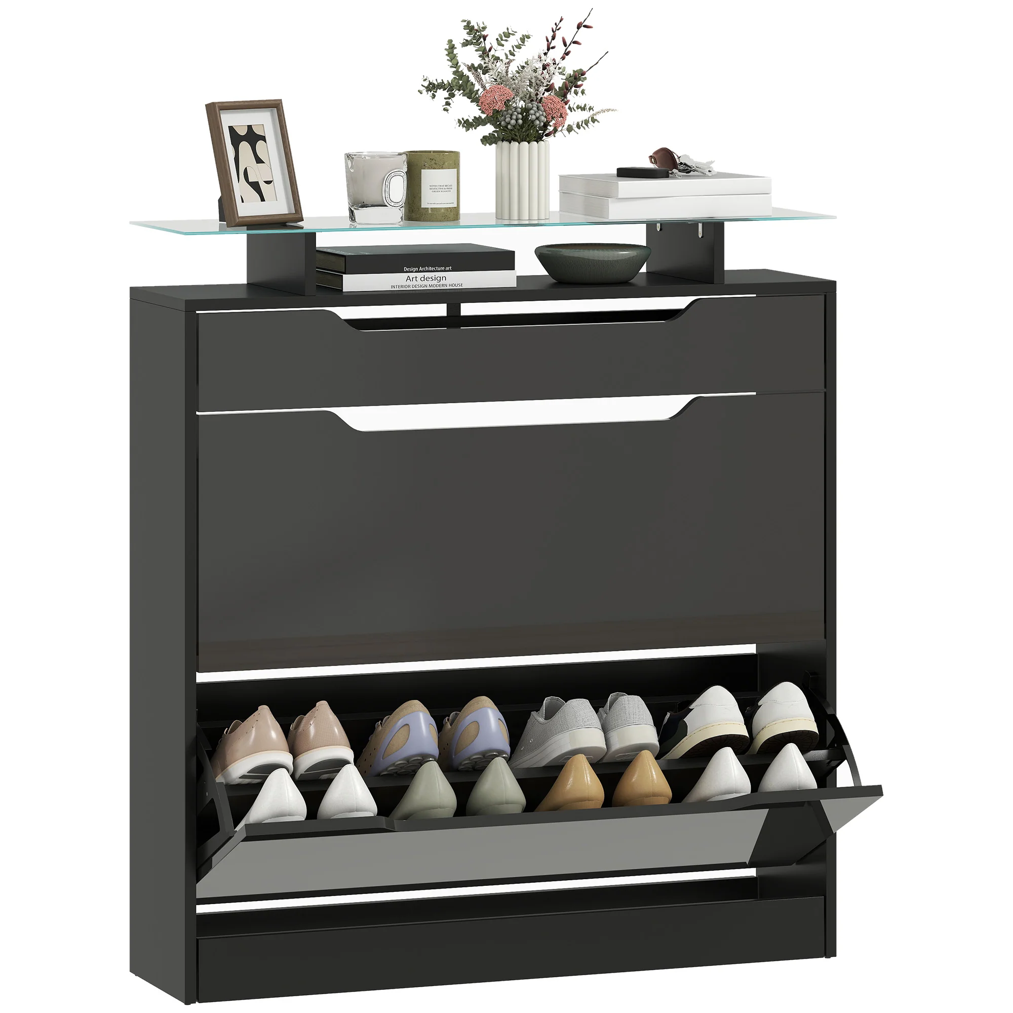 HOMCOM Shoe Cabinet With 3 Drawers, High Gloss Front Panels, Glass Top Black