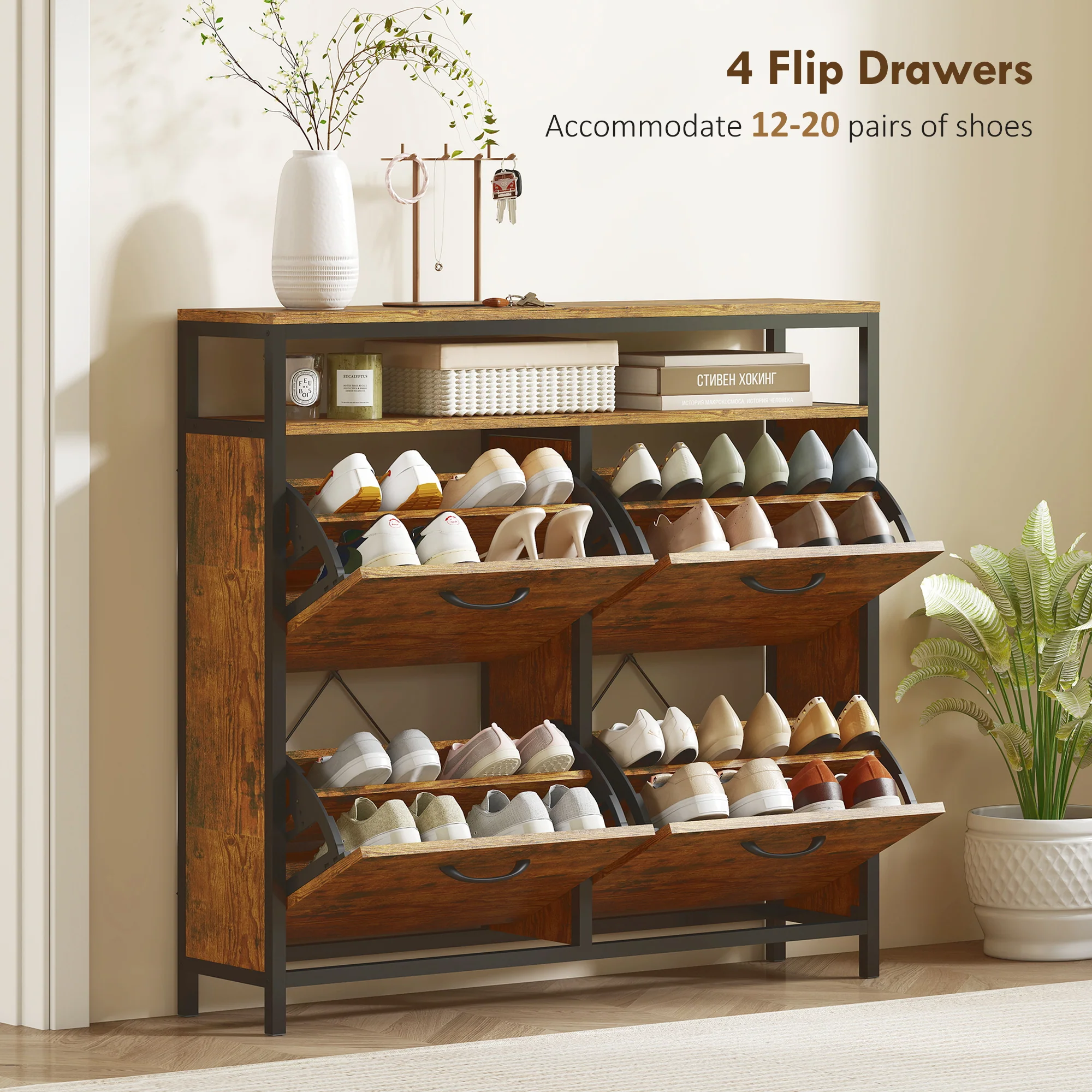 HOMCOM Shoe Cabinet With 4 Flip Drawers, Holds 12-20 Pairs - Image 12