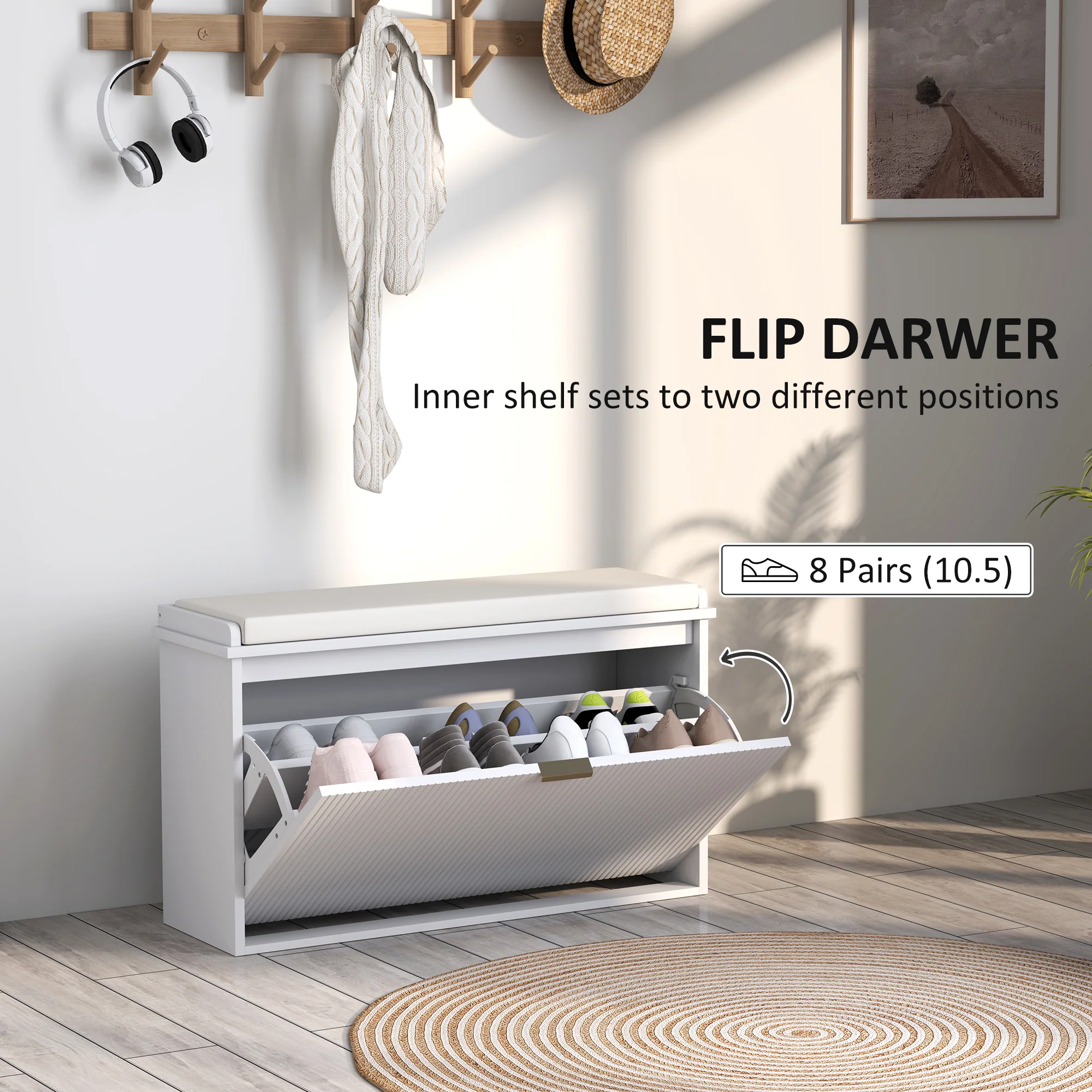 HOMCOM Shoe Storage Bench With Cushion And Flip-Drawer 80x26x47.5cm - Image 13