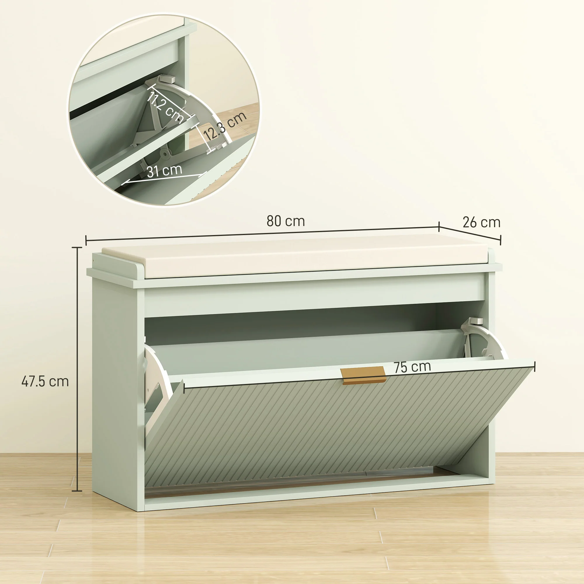 HOMCOM Shoe Storage Bench With Cushion And Flip-Drawer 80x26x47.5cm - Image 5