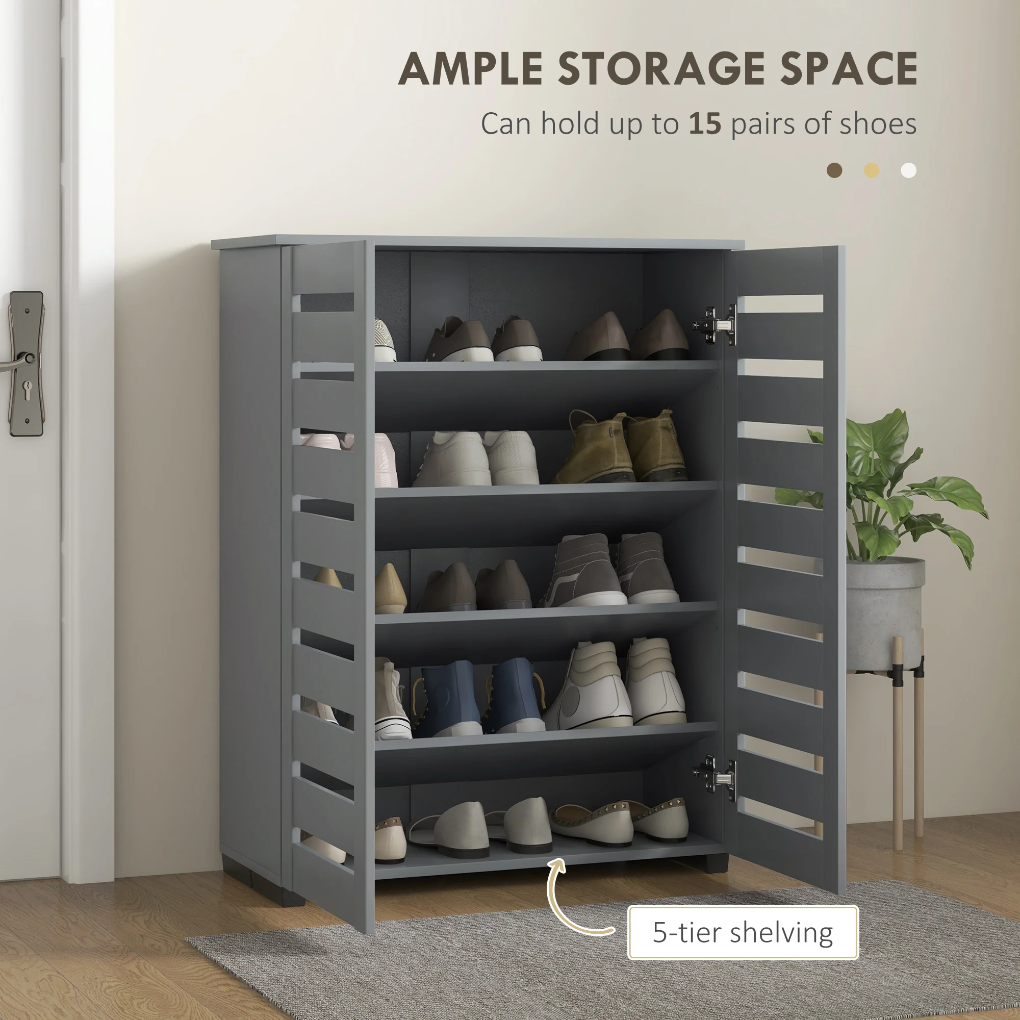 HOMCOM Shoe Storage Cabinet with Slatted Doors for 15 Pairs of Shoes Grey - Image 3